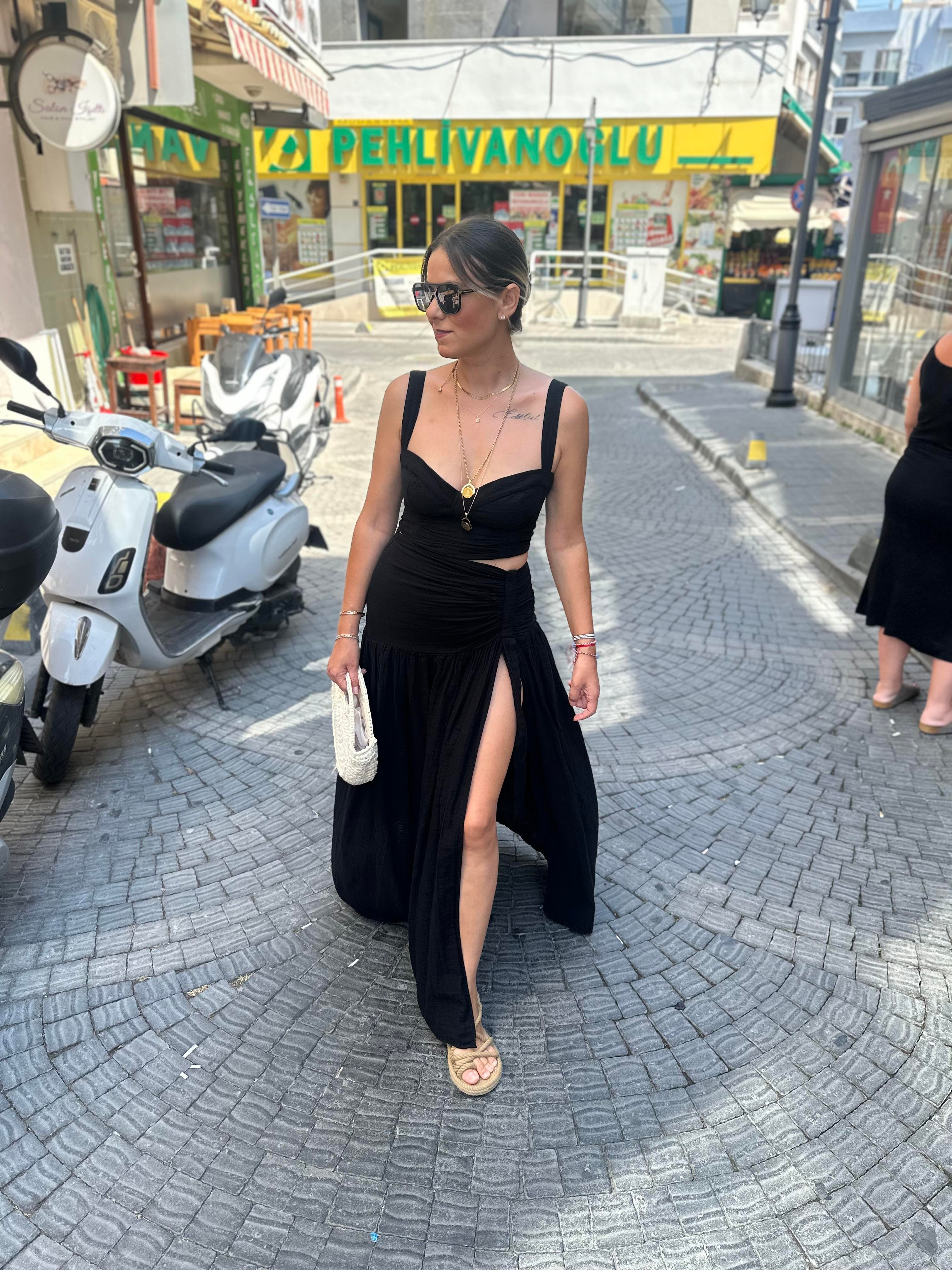 Siyah Müslin Crop Etek Takım