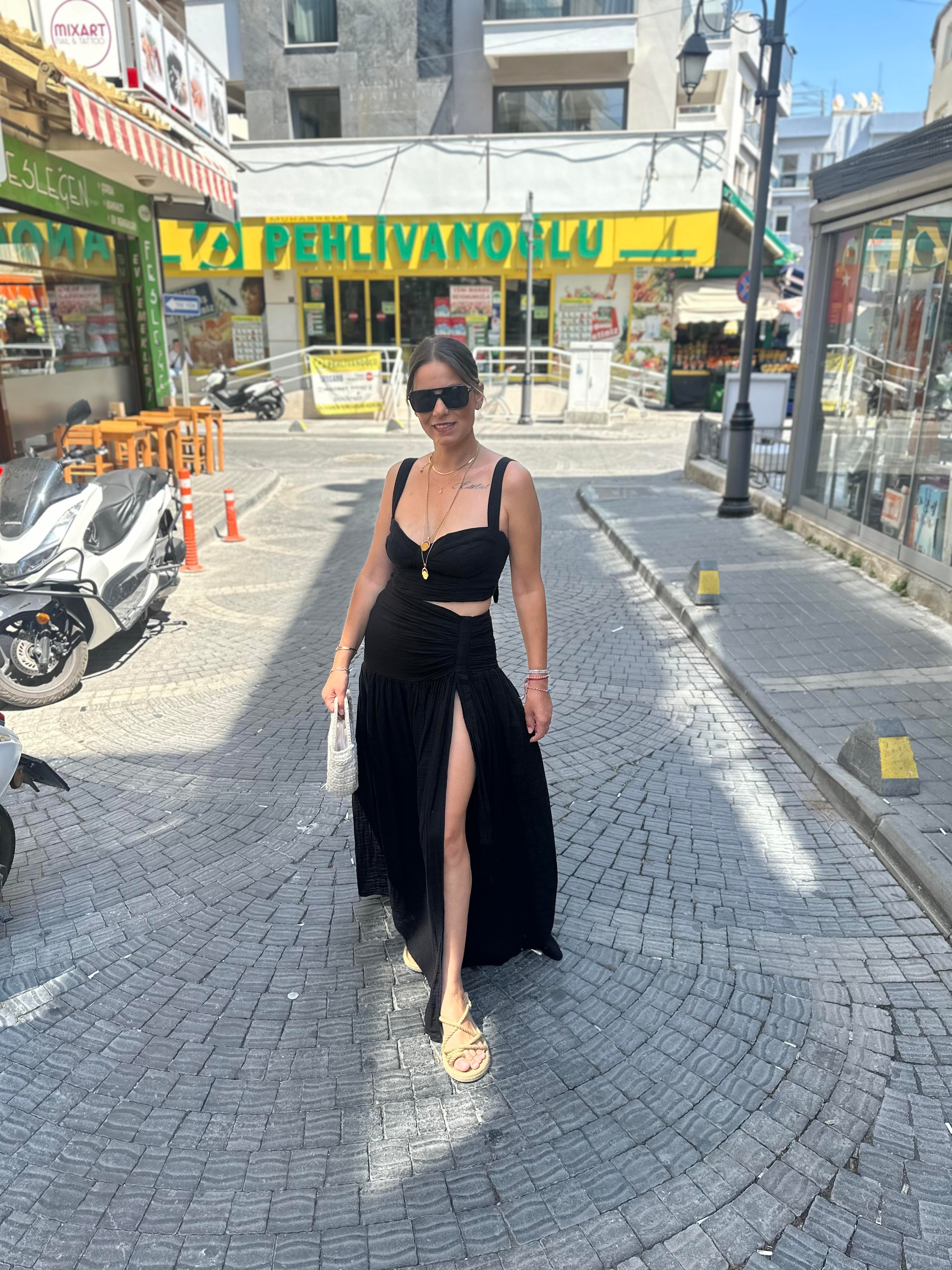 Siyah Müslin Crop Etek Takım