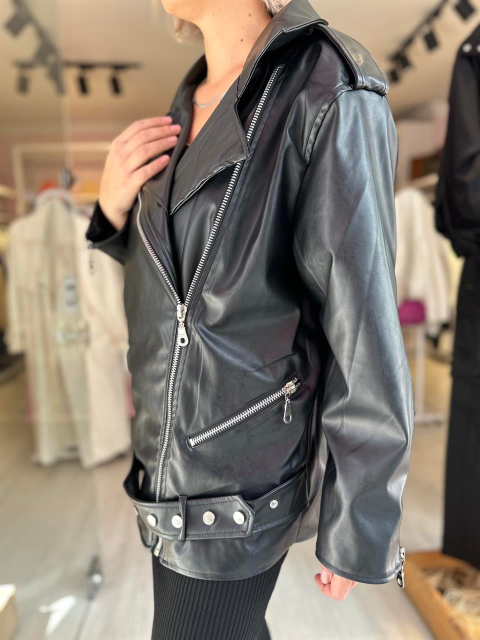 Siyah Oversize Deri Ceket