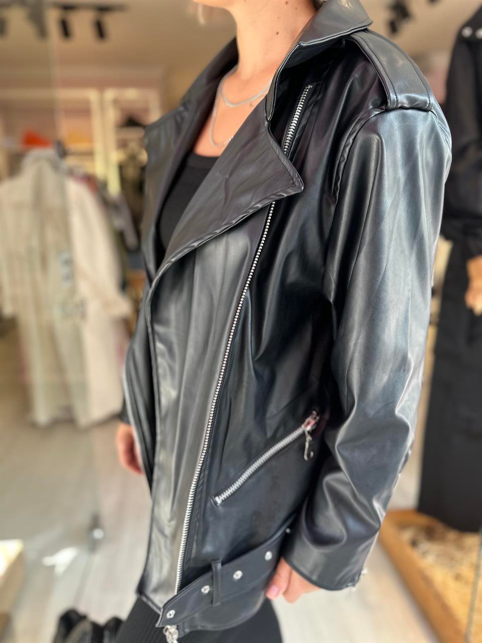 Siyah Oversize Deri Ceket