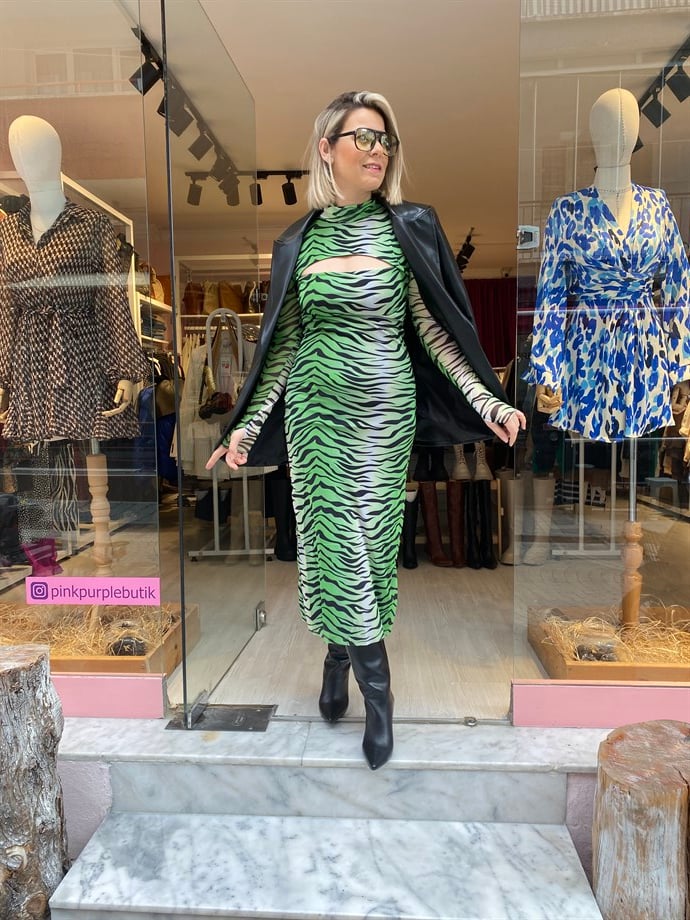 Yeşil parmak Geçmeli Zebra Elbise