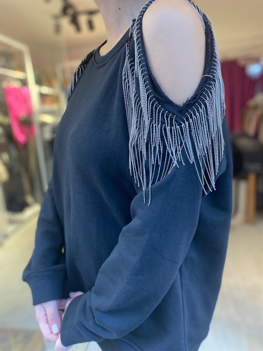 Zincirli Omuz Açık Sweatshirt