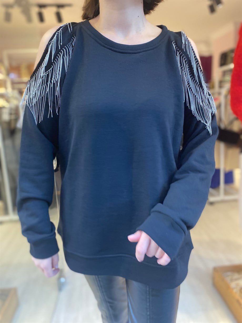 Zincirli Omuz Açık Sweatshirt