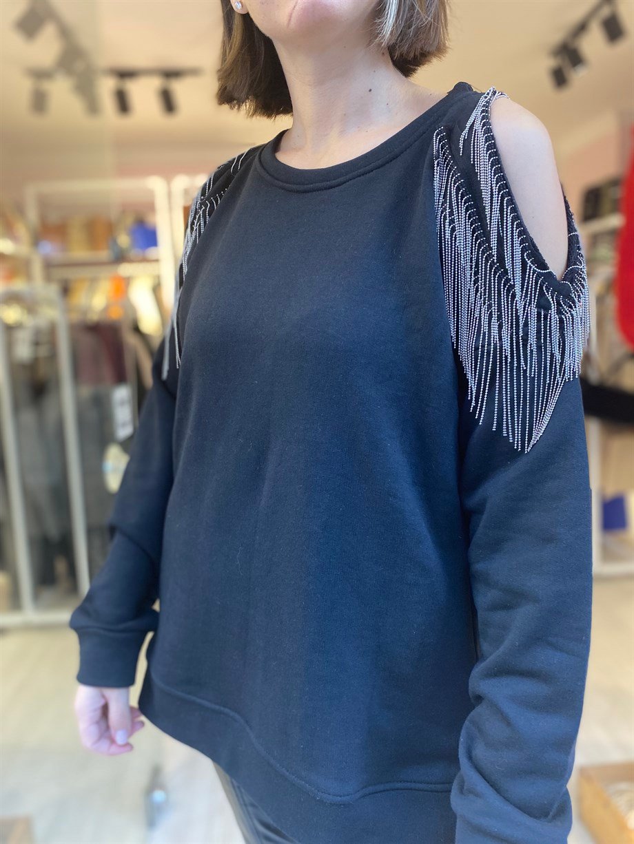 Zincirli Omuz Açık Sweatshirt