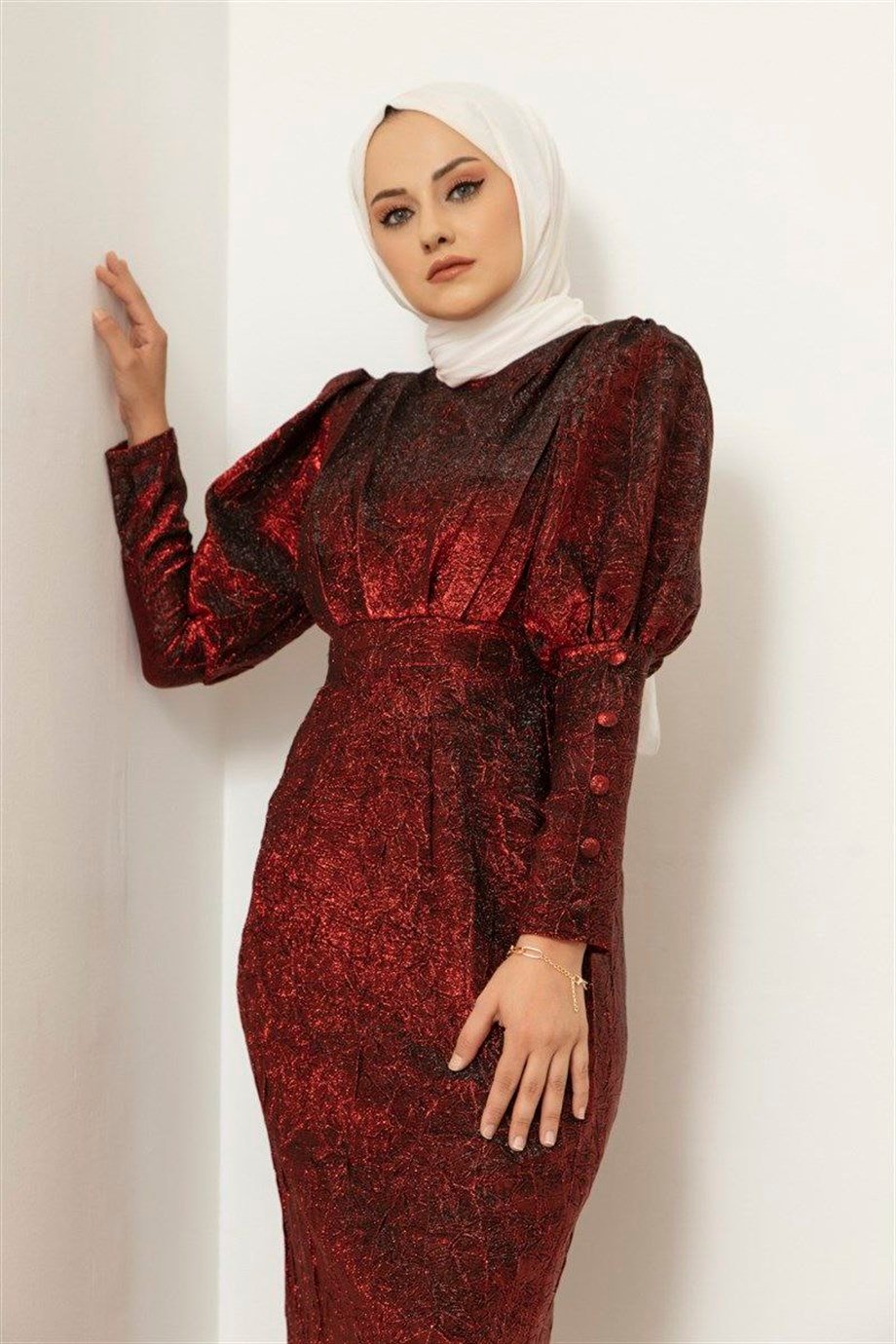 Balon Kol Simli Bordo Abiye