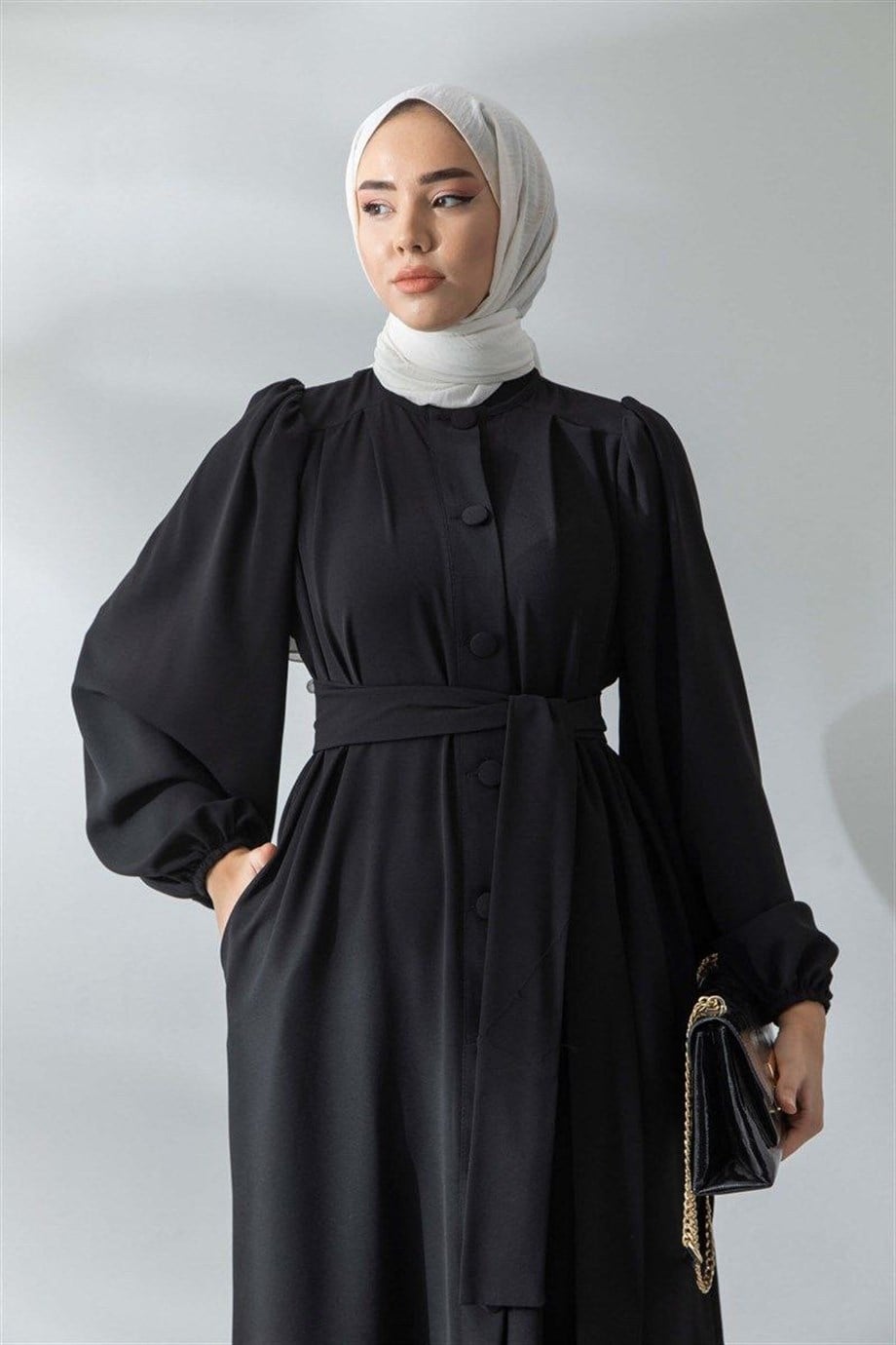 Bileği Lastikli Siyah Ferace/Abaya
