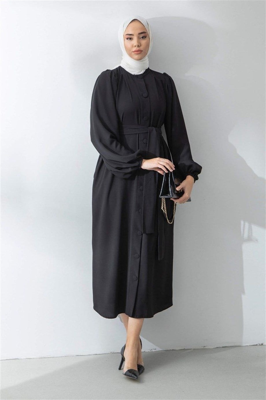 Bileği Lastikli Siyah Ferace/Abaya
