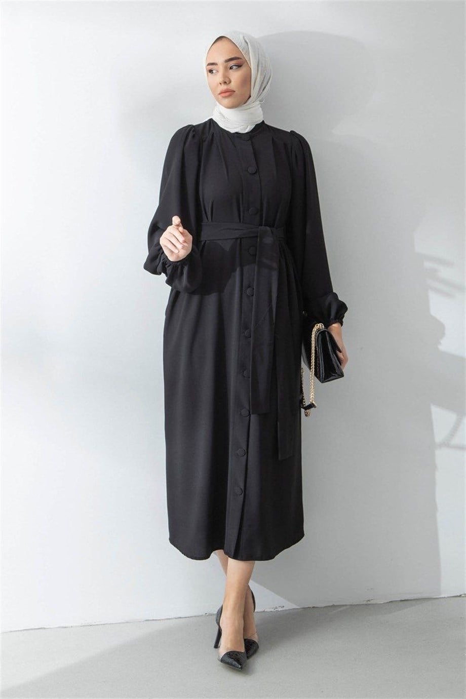Bileği Lastikli Siyah Ferace/Abaya