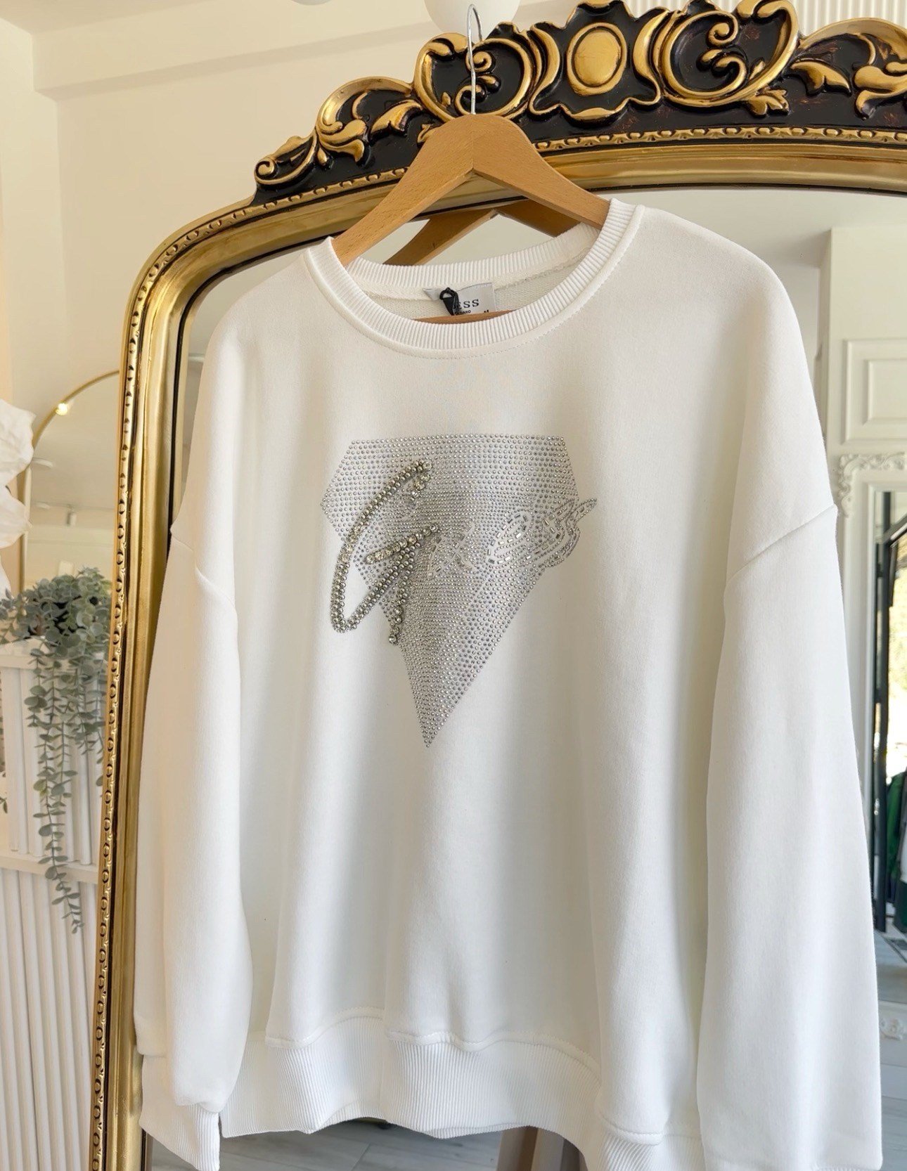Guess Taş İşlemeli Beyaz Sweatshirt