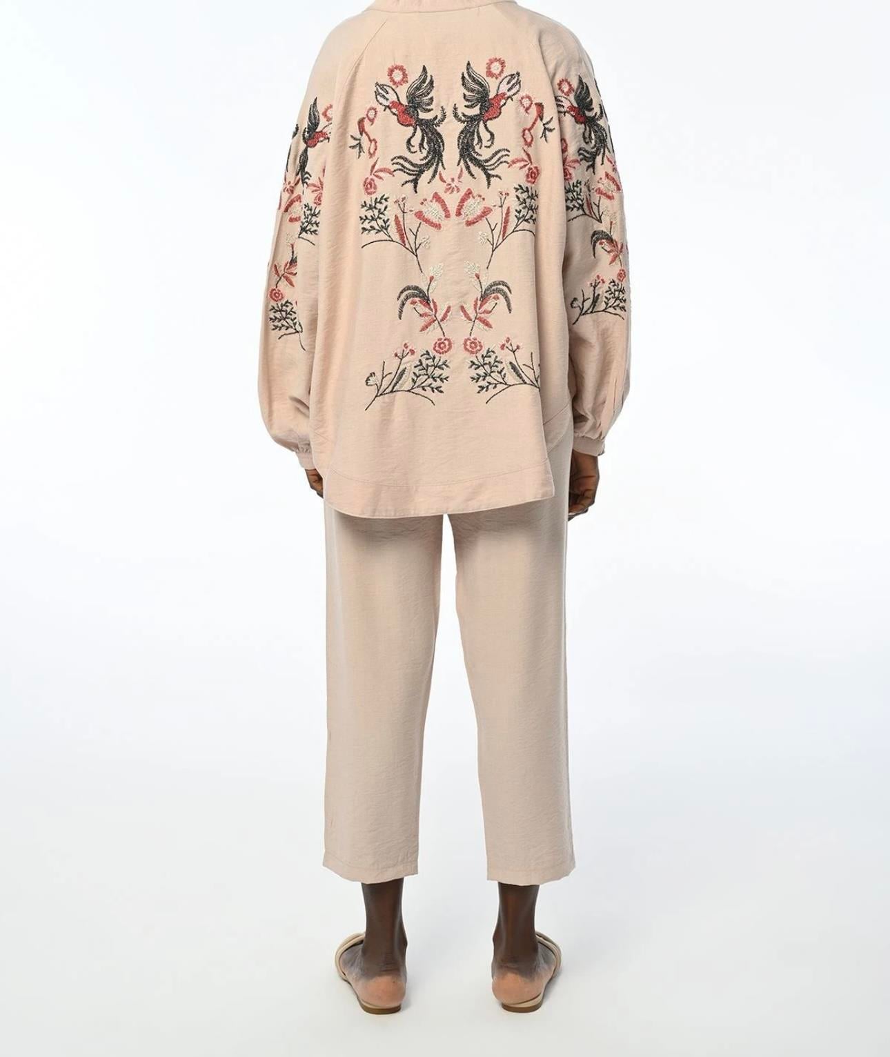 Kuş Figürlü Nakış Detaylı Kimono