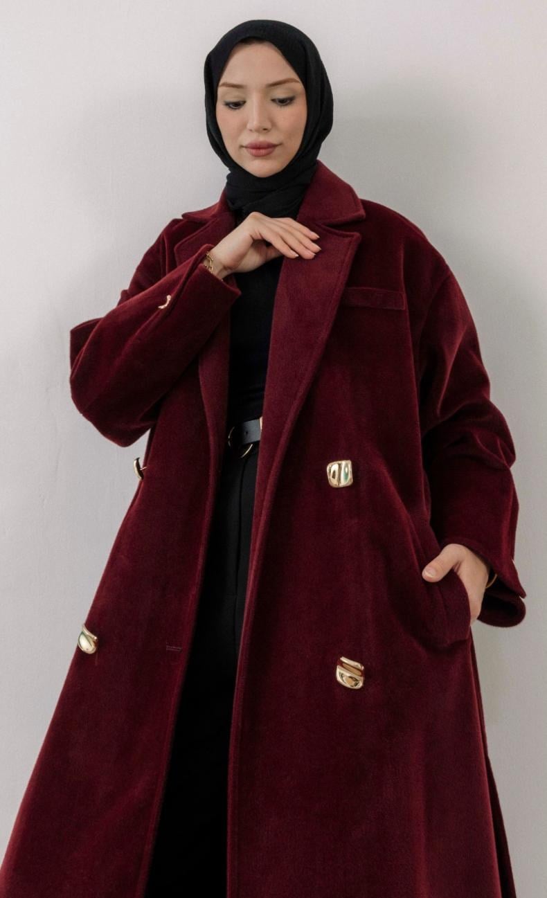 Kuşaklı Bordo Kaşe Kaban