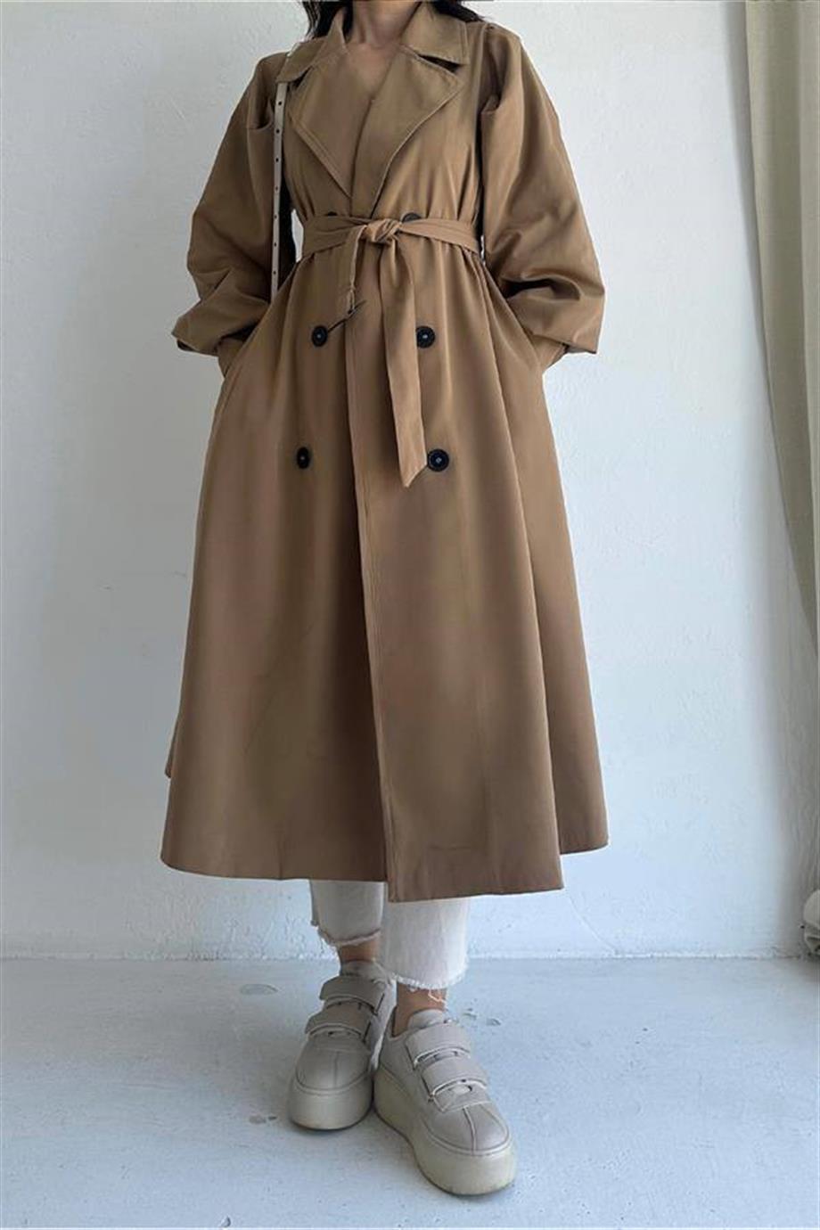 Oversize Balon Kol Seyyar Kemerli Camel Trençkot ( GENİŞ KALIPTIR)