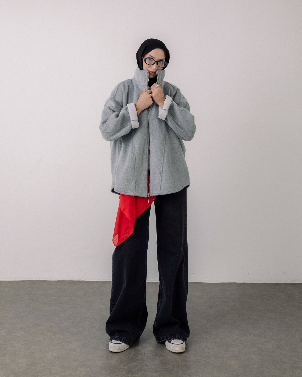Oversize Fermuarlı Gri Kaşe Ceket