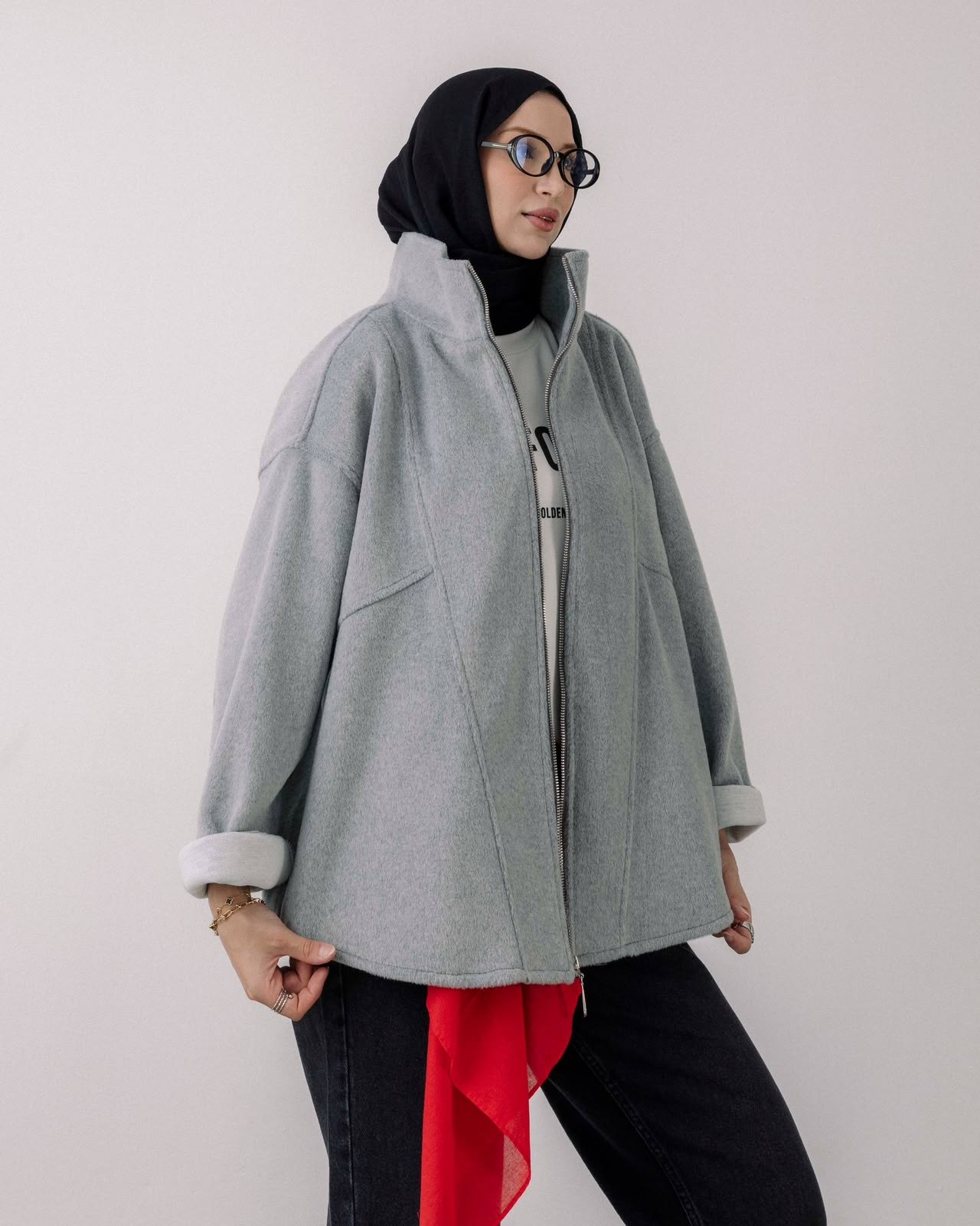 Oversize Fermuarlı Gri Kaşe Ceket
