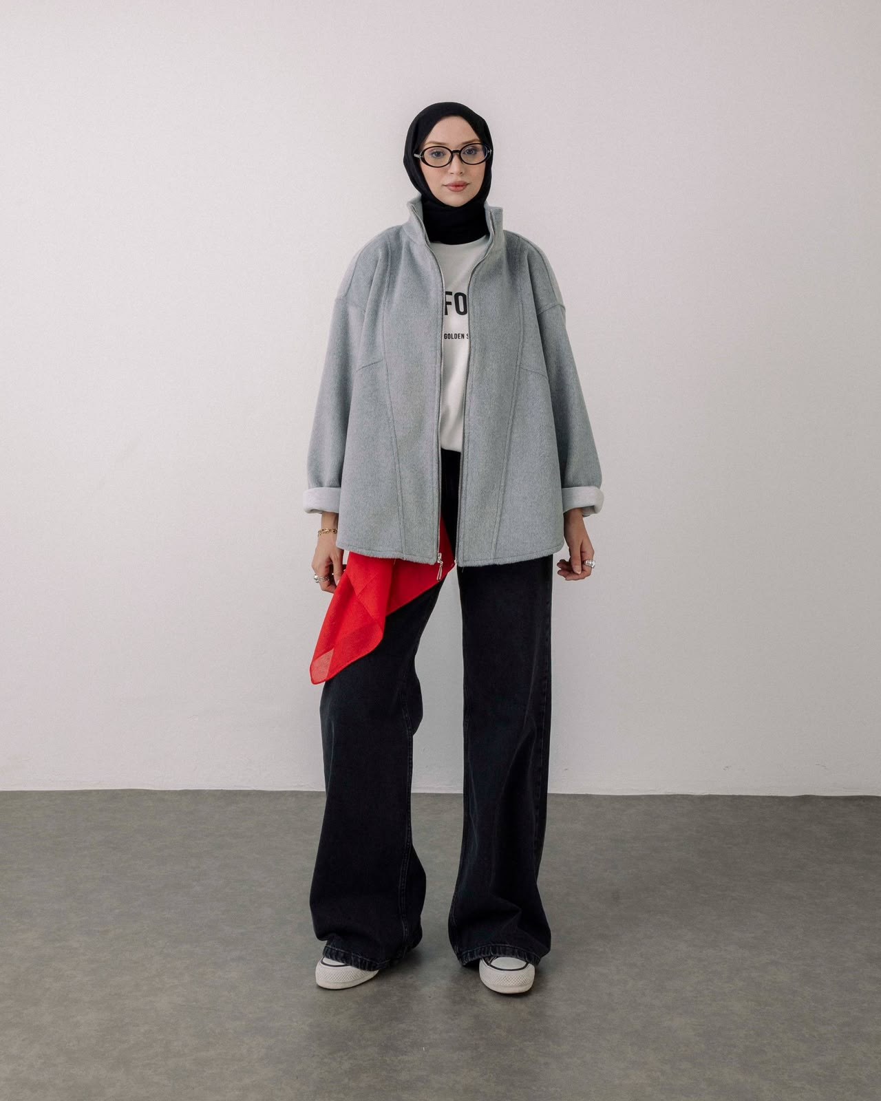 Oversize Fermuarlı Gri Kaşe Ceket