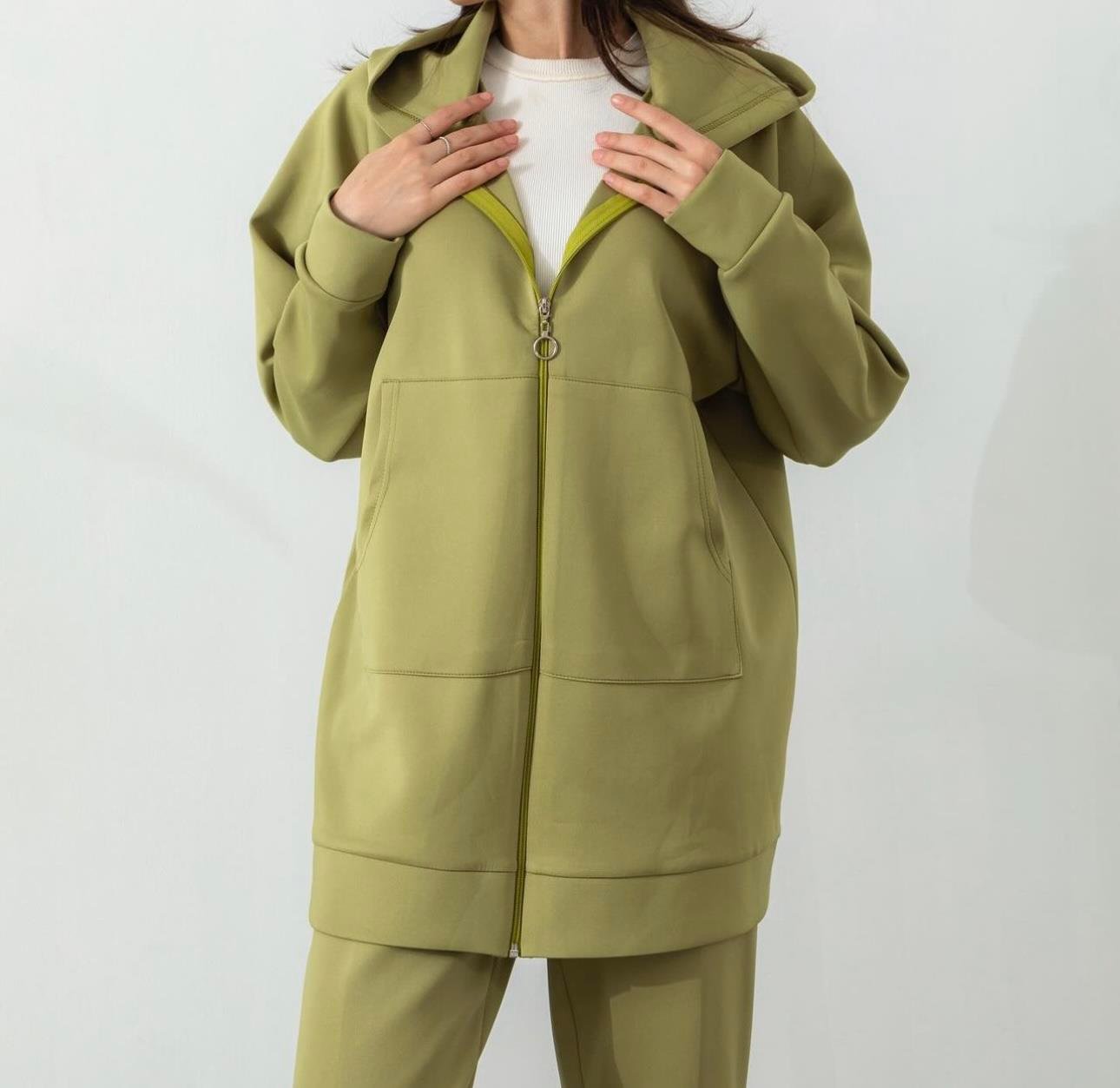 Oversize Fermuarlı Yeşil Scuba Takım
