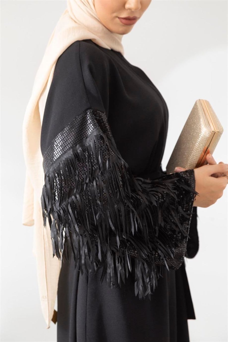 Oversize Kolları Saçaklı Siyah Krep Ferace/Abaya