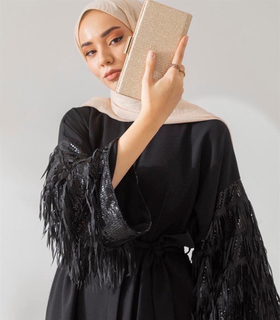 Oversize Kolları Saçaklı Siyah Krep Ferace/Abaya