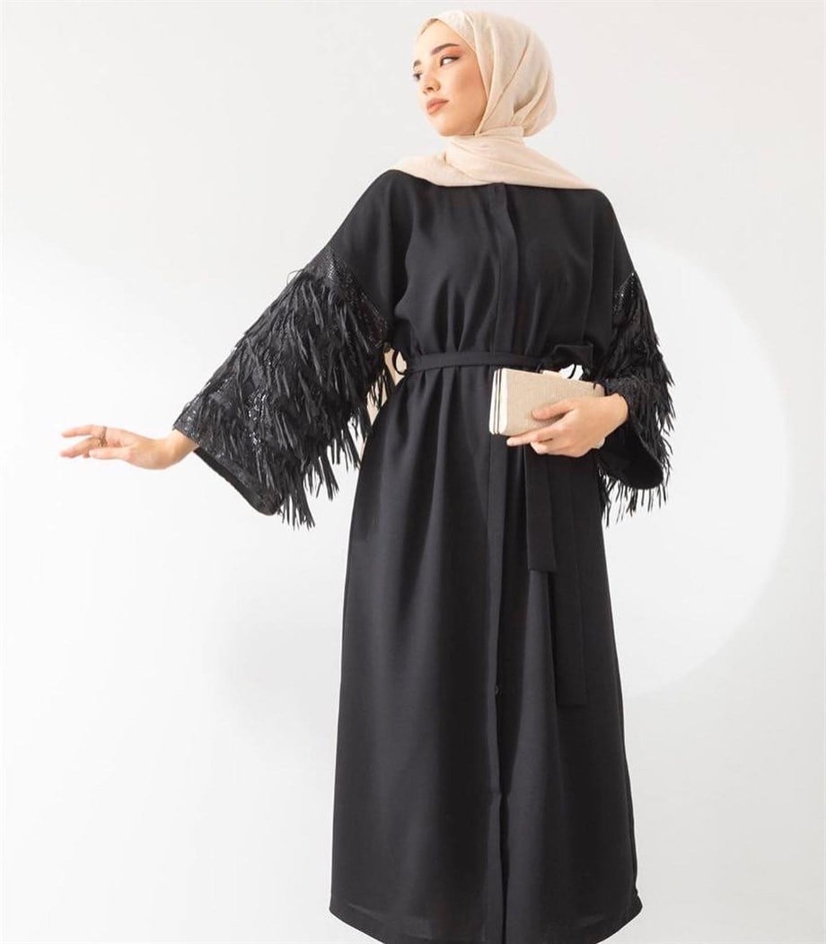 Oversize Kolları Saçaklı Siyah Krep Ferace/Abaya