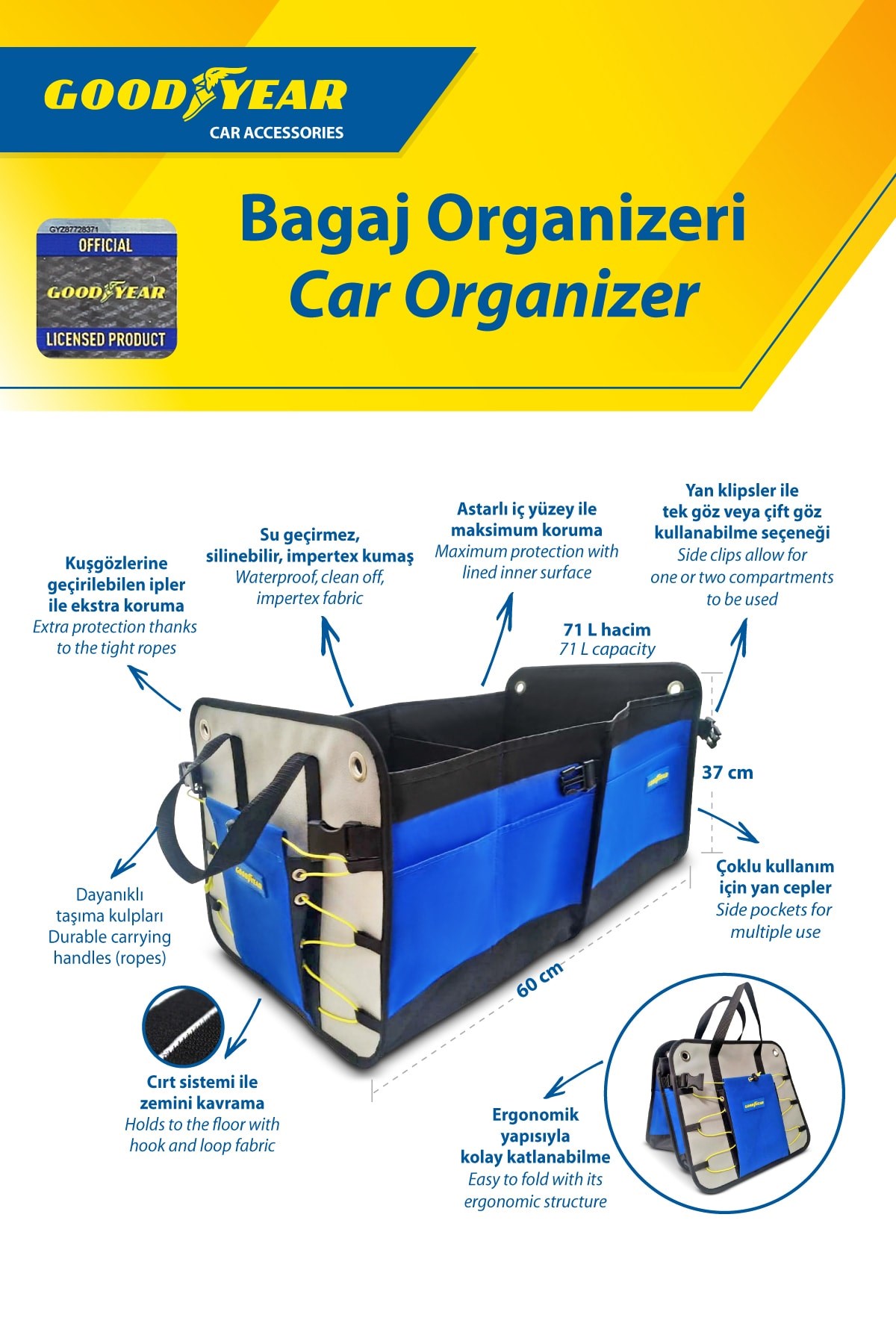 Oto Bagaj Organizer 60 X 37 Cm - 71 L
