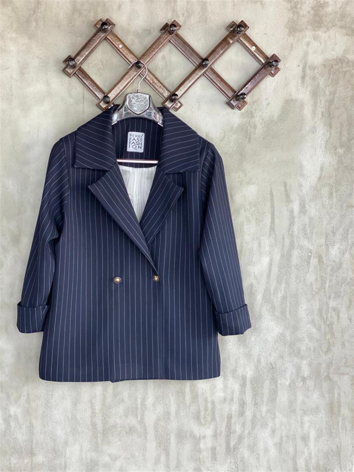  Çizgili Oversize Gold Düğmeli Ceket (Lacivert)