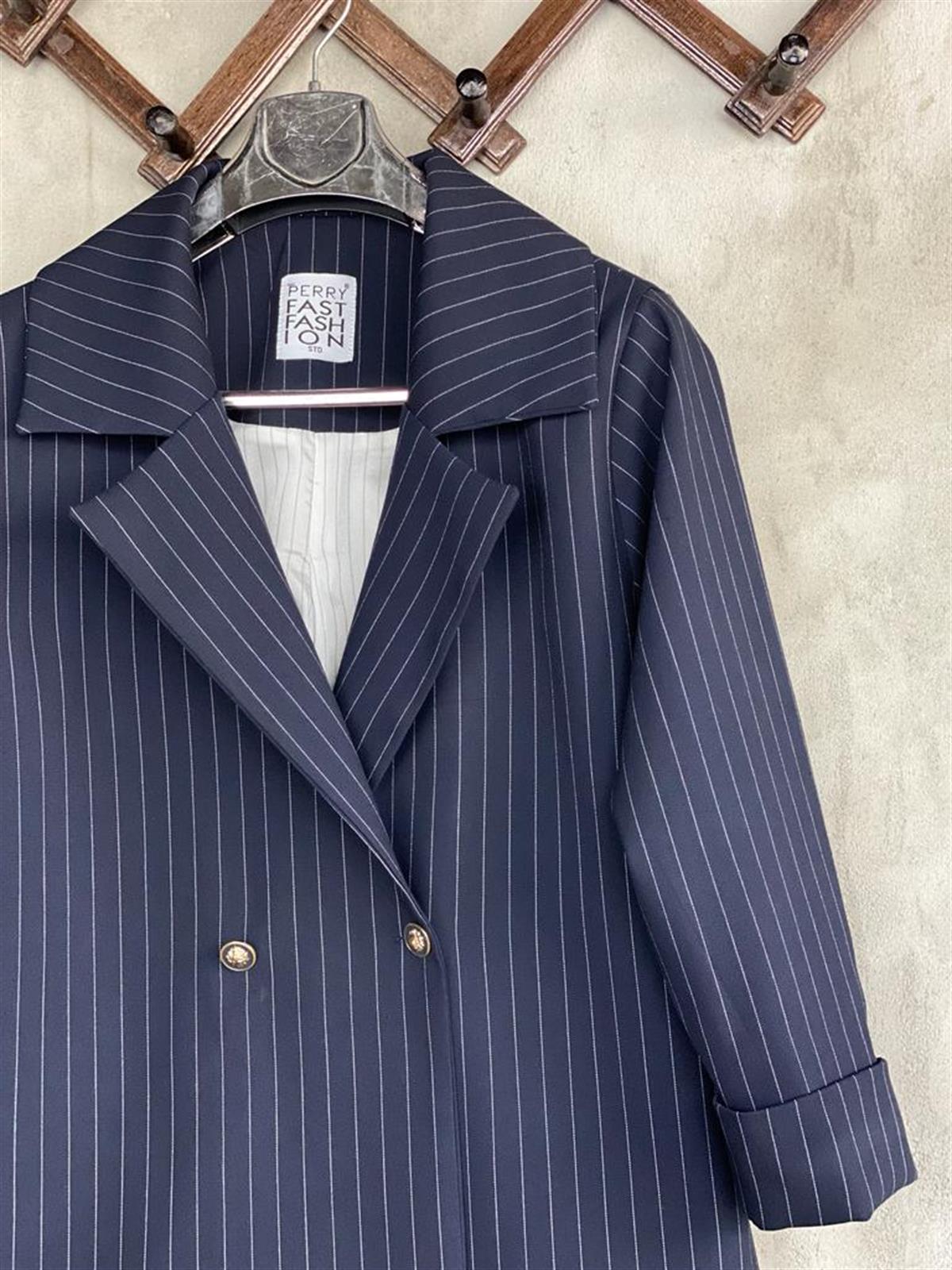  Çizgili Oversize Gold Düğmeli Ceket (Lacivert)