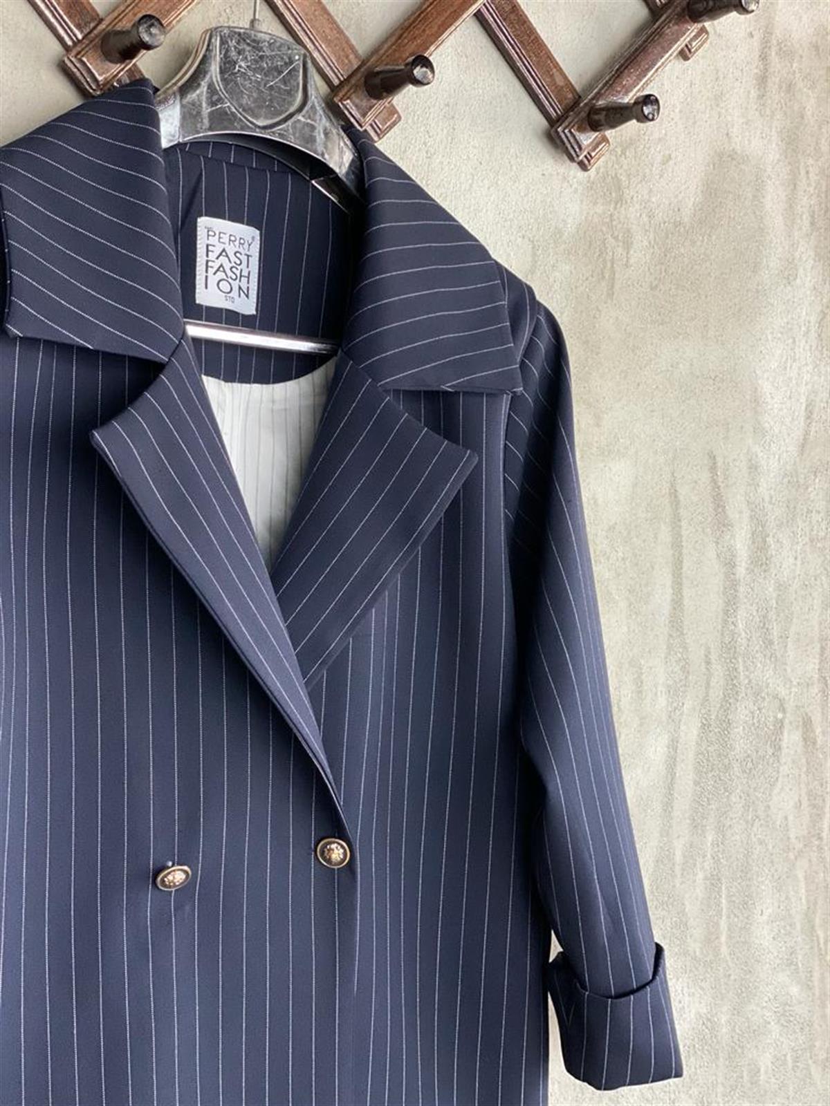  Çizgili Oversize Gold Düğmeli Ceket (Lacivert)