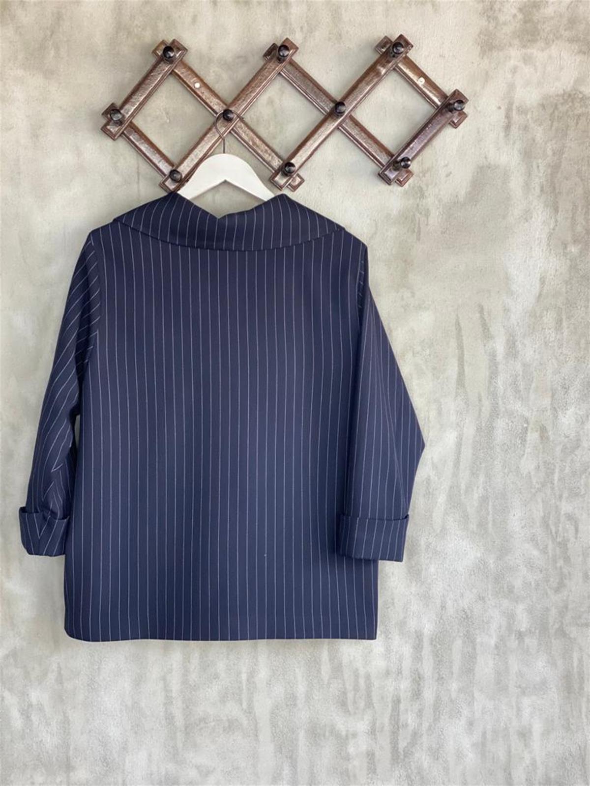  Çizgili Oversize Gold Düğmeli Ceket (Lacivert)