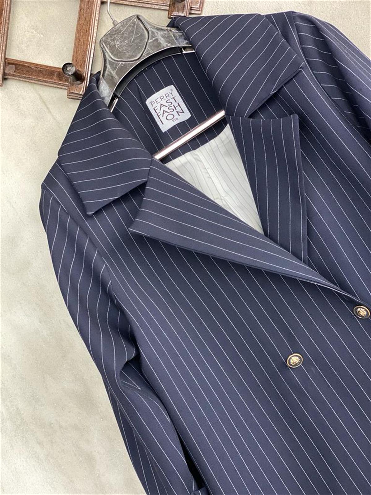  Çizgili Oversize Gold Düğmeli Ceket (Lacivert)