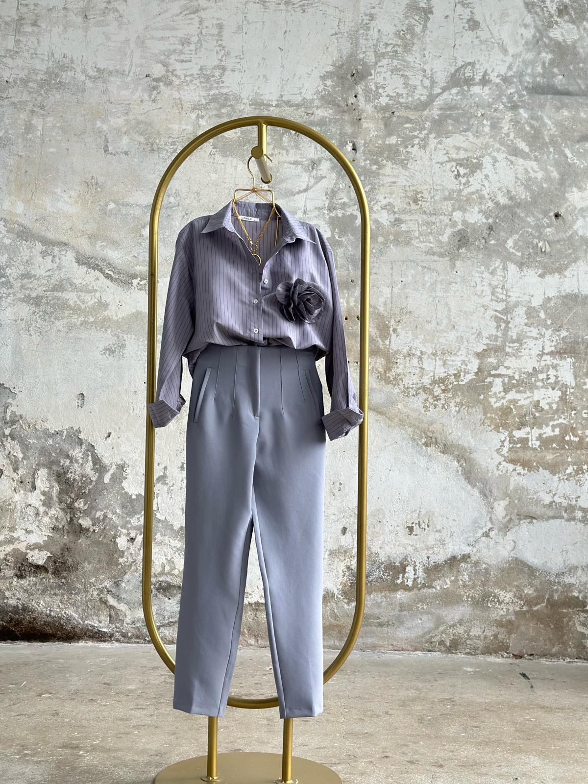  ZR Pens Detaylı Yüksek Bel Kumaş Pantolon (Gri)