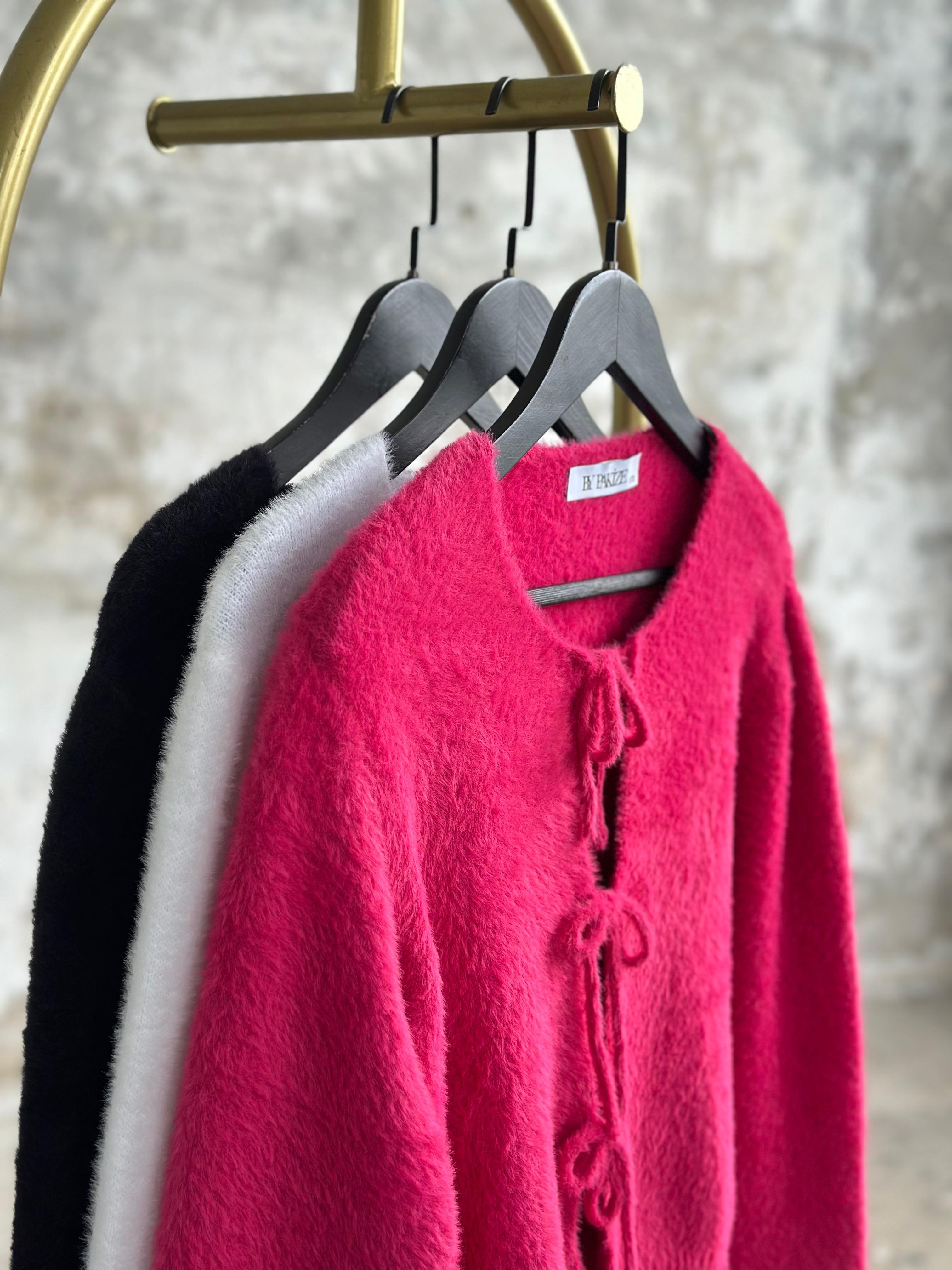 Angora Bağlama Detaylı Hırka (Fuşya)