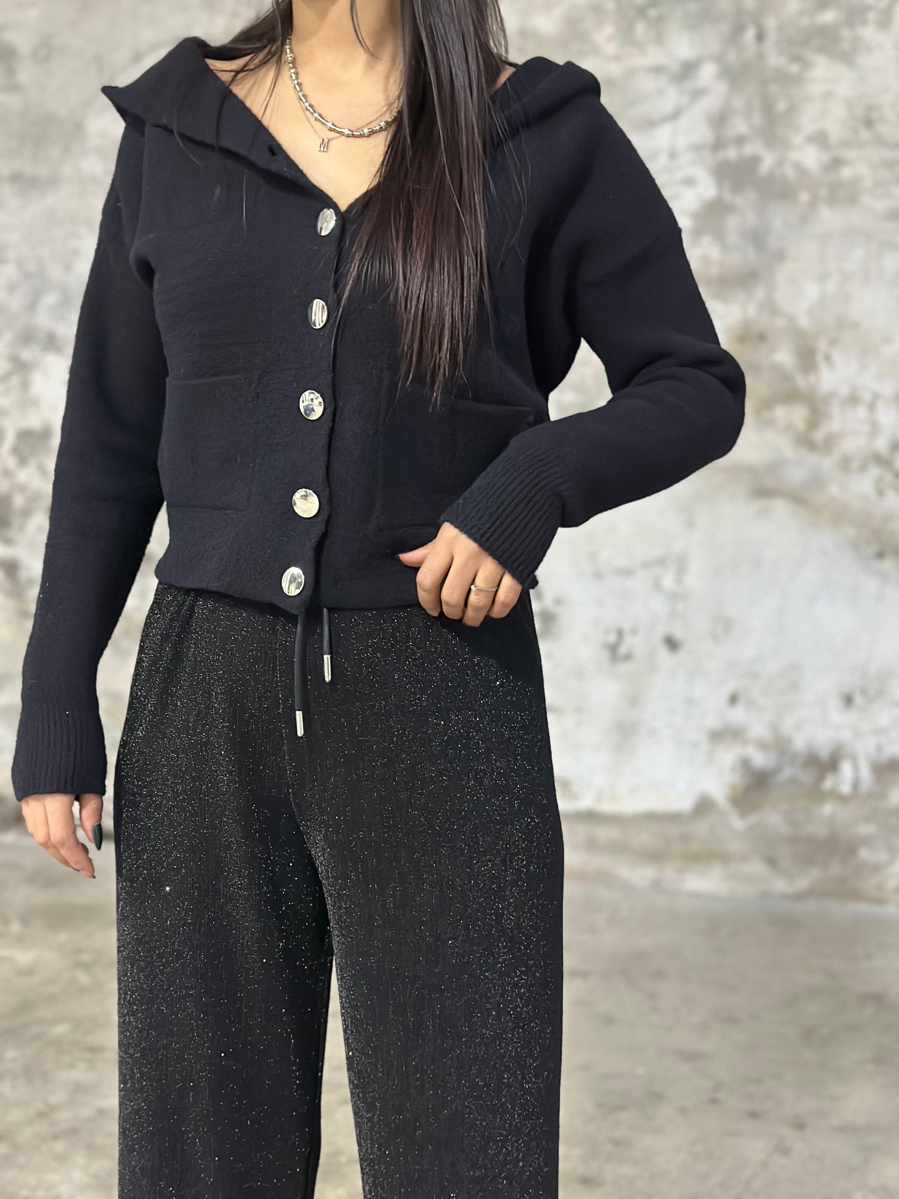 Angora Gold Düğmeli Kapüşonlu Hırka (Siyah)