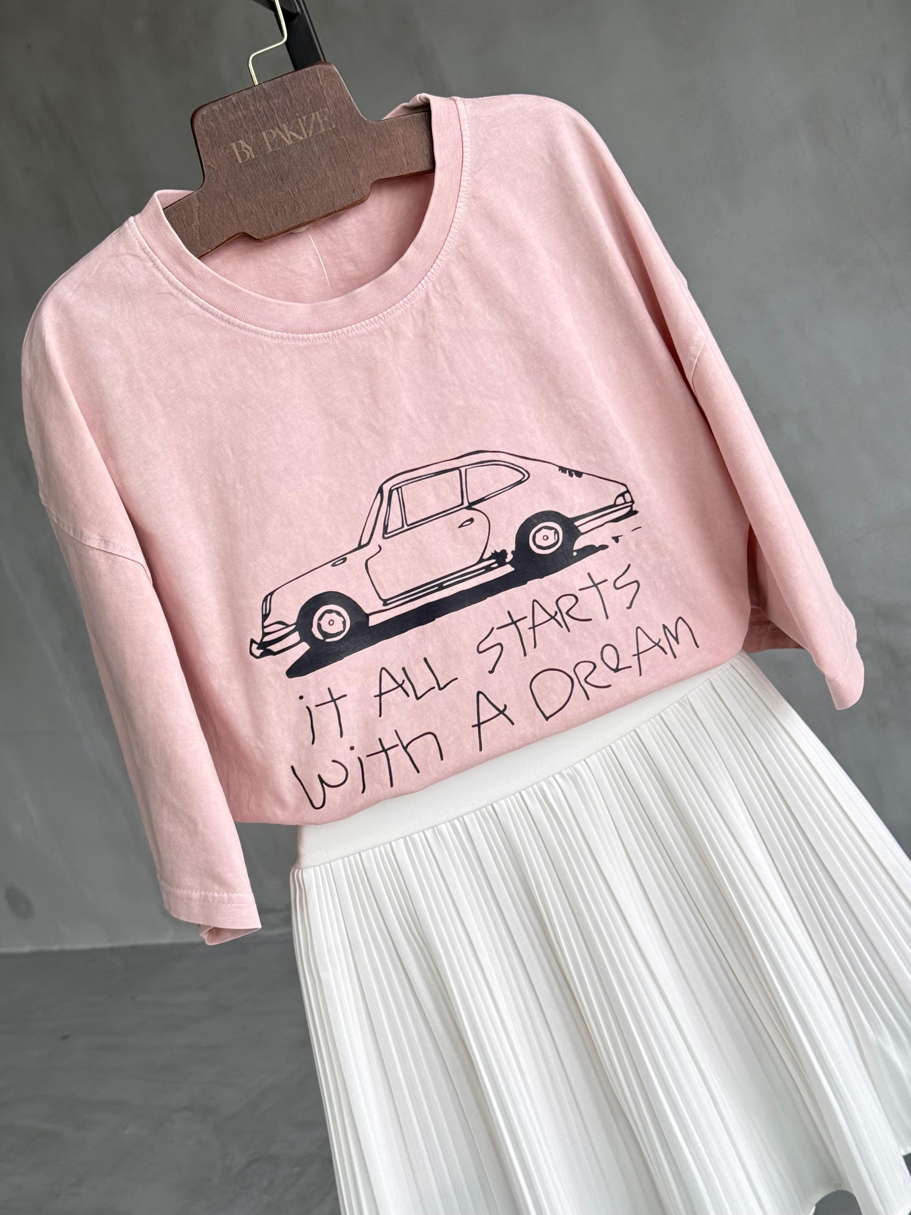 Araba Baskılı Taş Yıkamalı Oversize Dokuma Tişört (Pudra)
