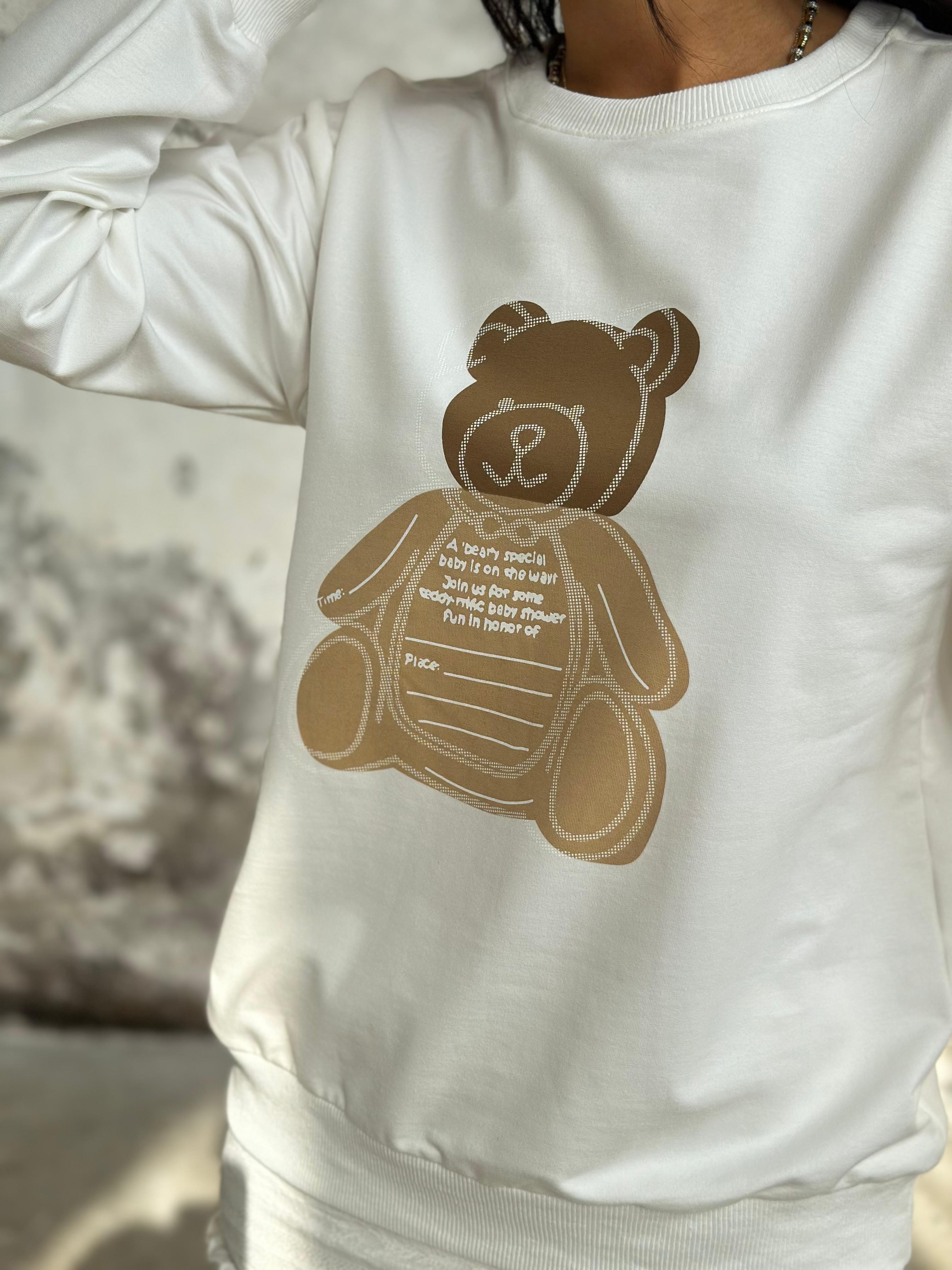 Ayıcık Baskılı Kadın Sweat (Beyaz)