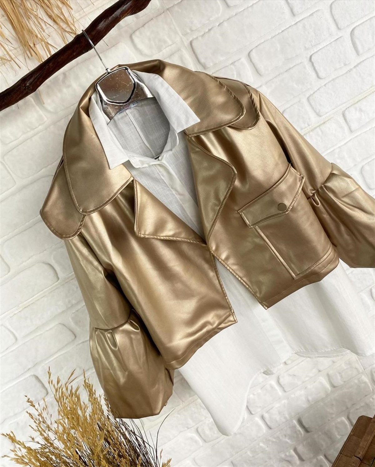 balon kol deri ceket  (gold)