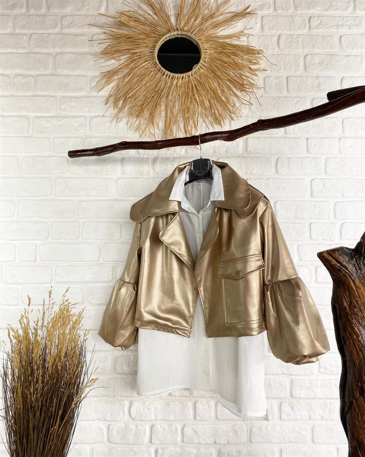 balon kol deri ceket  (gold)