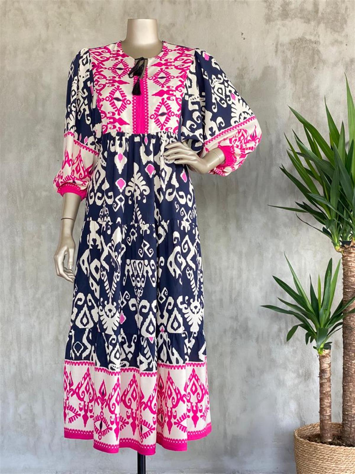 Balon Kol Kilim Desenli Elbise (Fuşya)