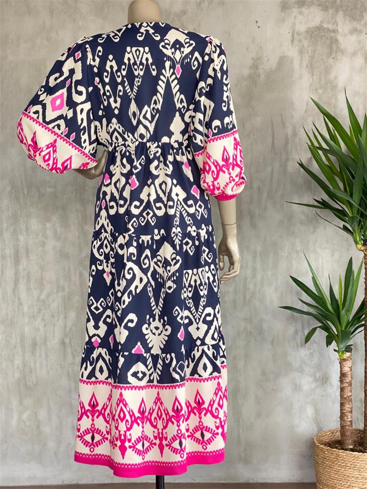 Balon Kol Kilim Desenli Elbise (Fuşya)
