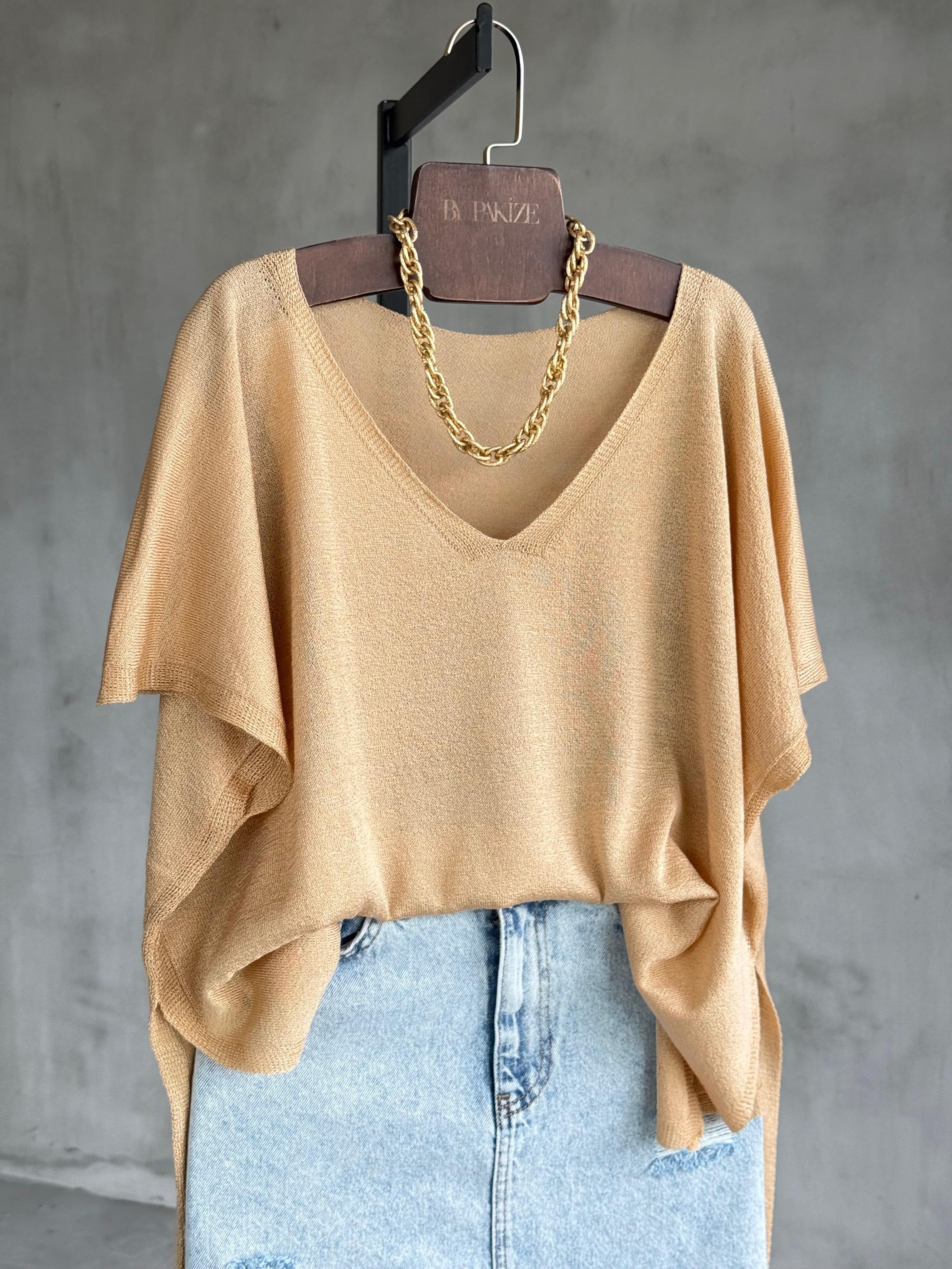 Basic Oversize Merserize Yan Yırtmaç Triko (Camel)