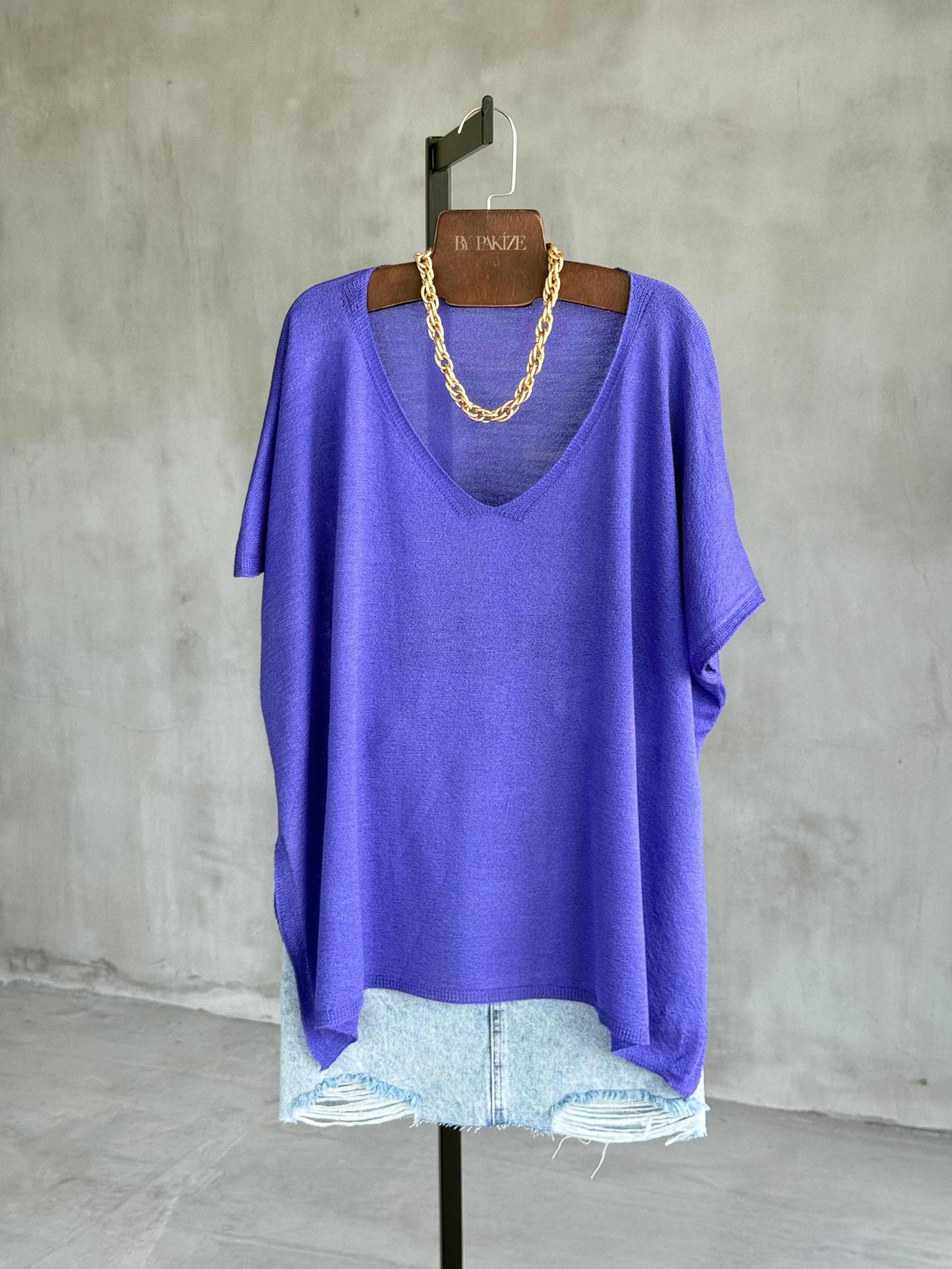 Basic Oversize Merserize Yan Yırtmaç Triko (Mor)