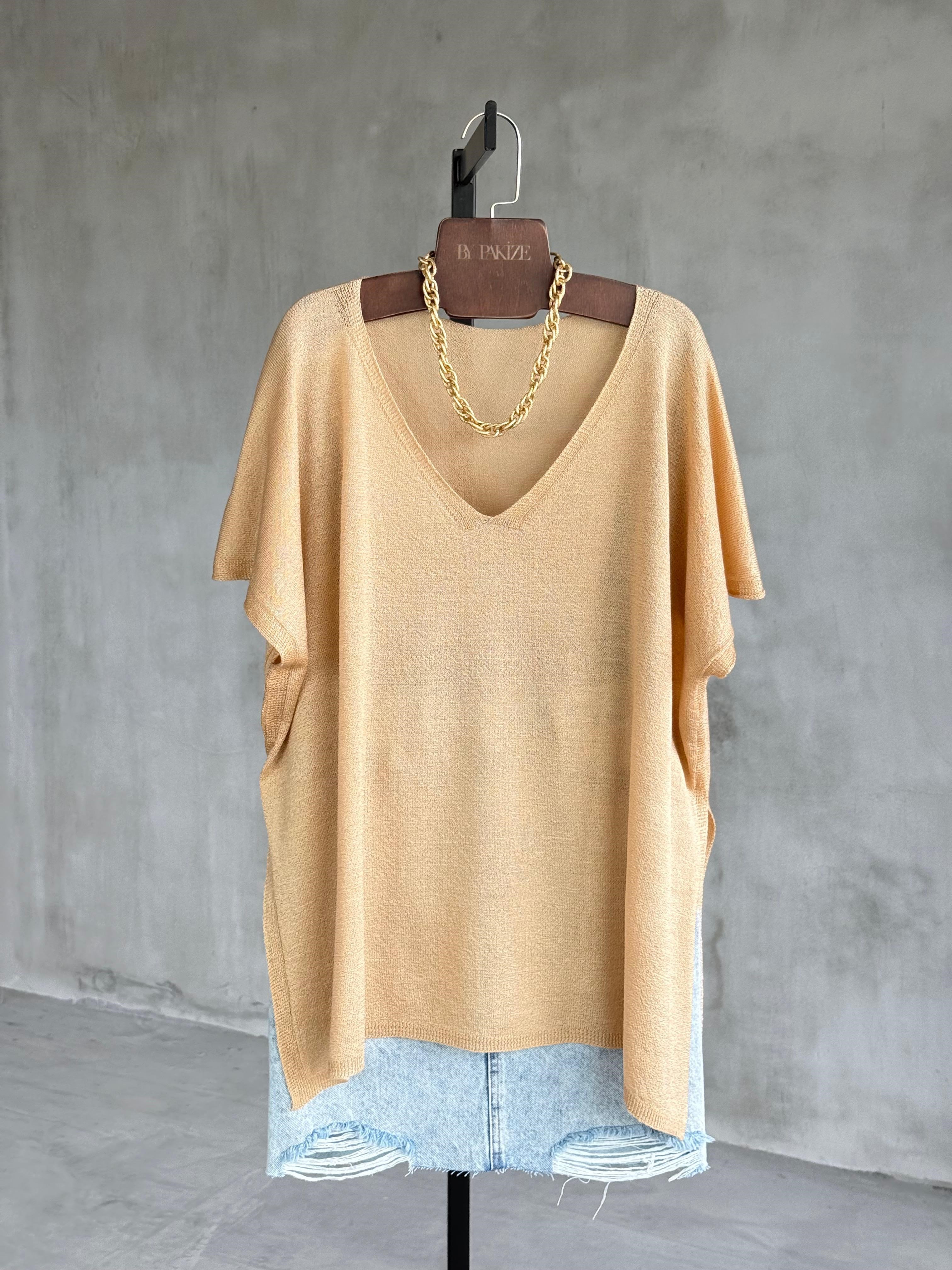 Basic Oversize Merserize Yan Yırtmaç Triko (Camel)