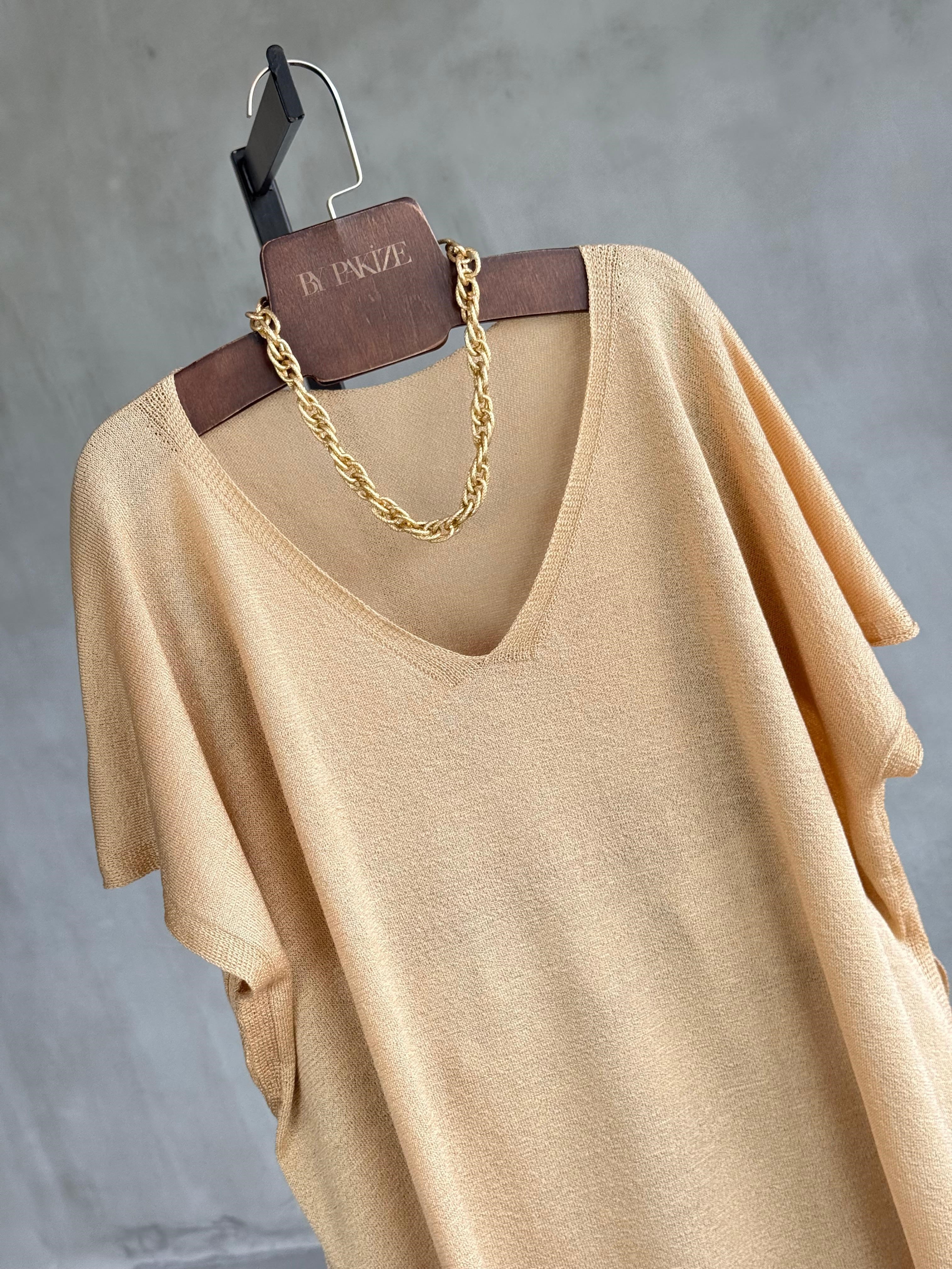 Basic Oversize Merserize Yan Yırtmaç Triko (Camel)