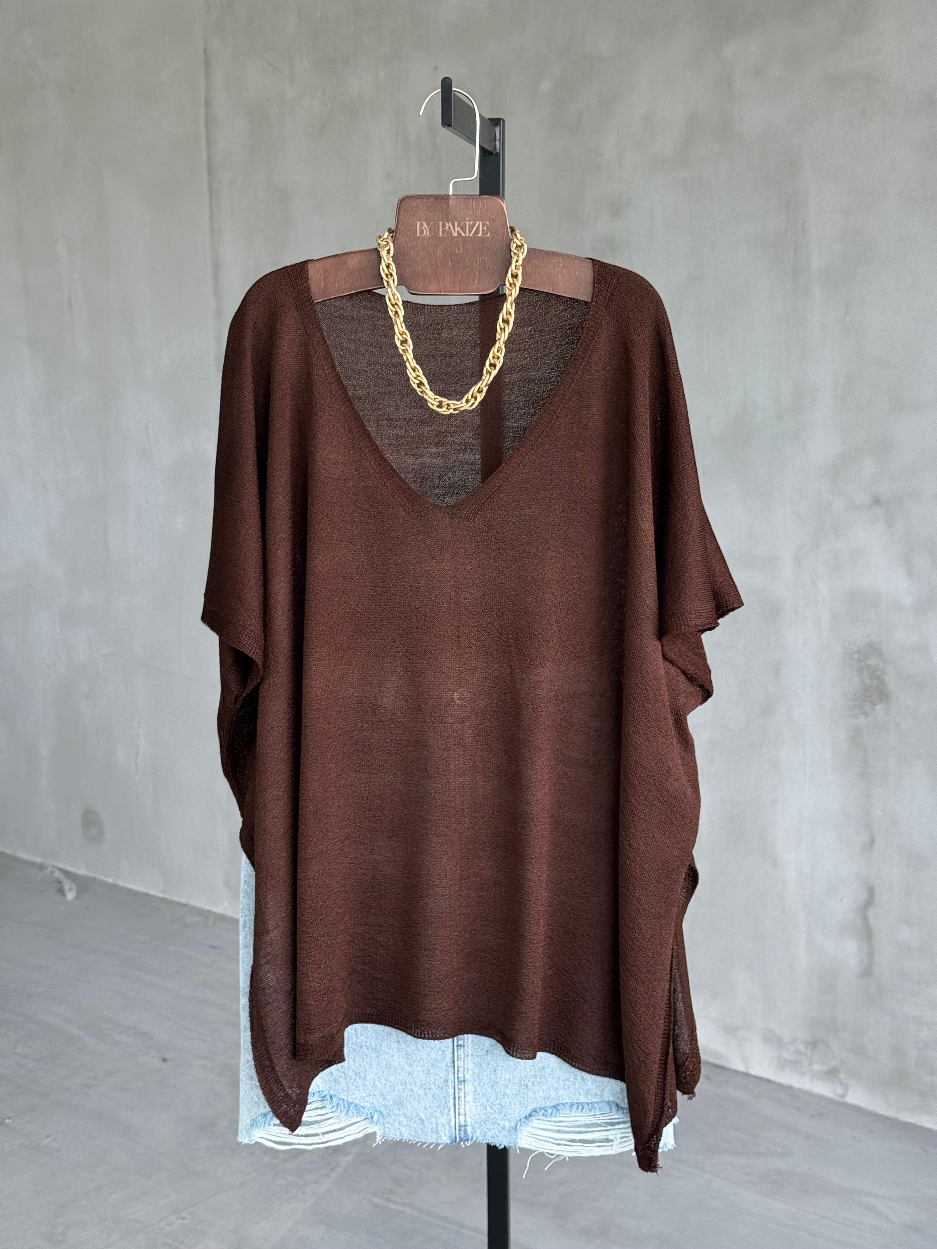 Basic Oversize Merserize Yan Yırtmaç Triko (Kahve)