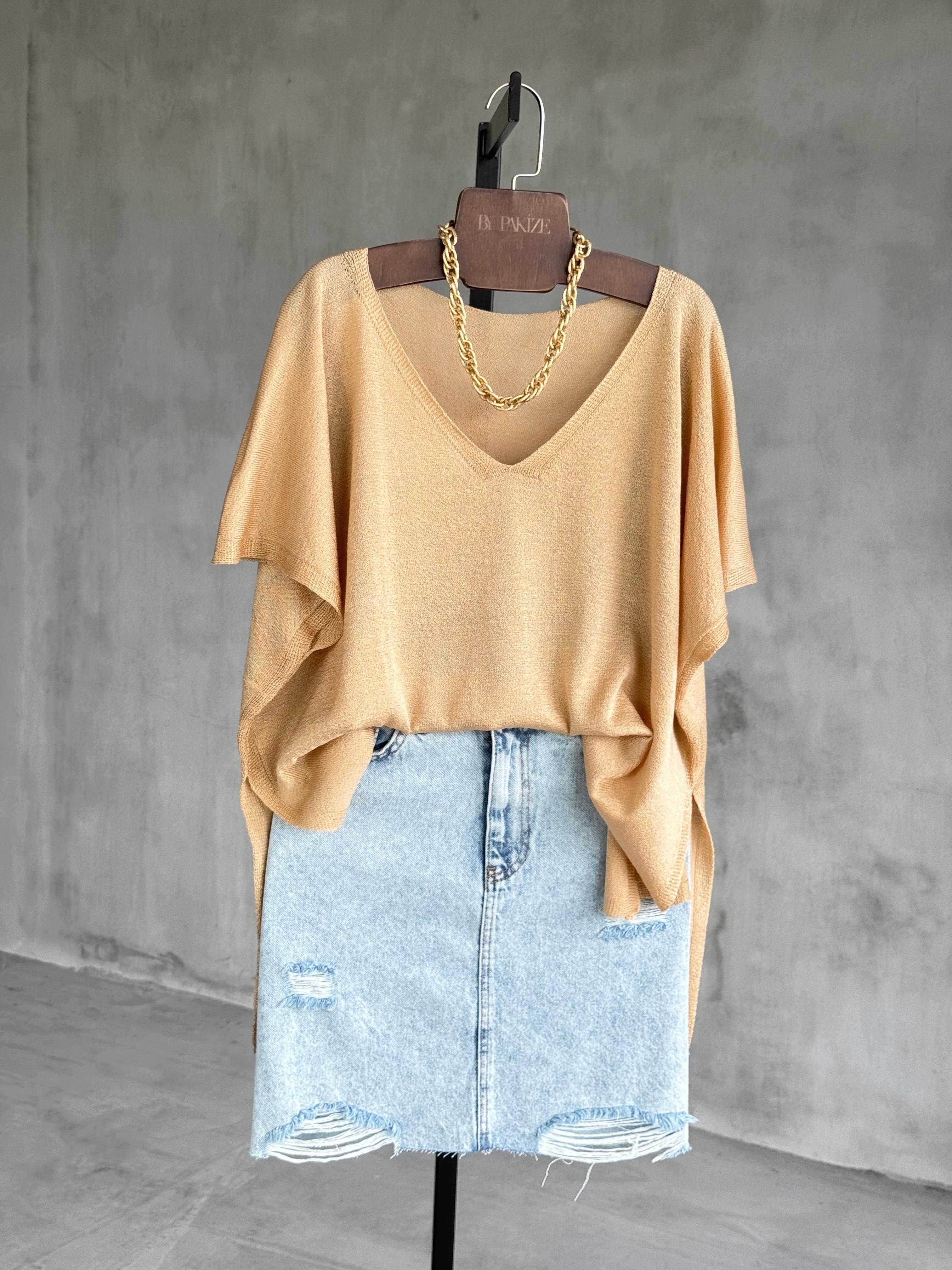 Basic Oversize Merserize Yan Yırtmaç Triko (Camel)