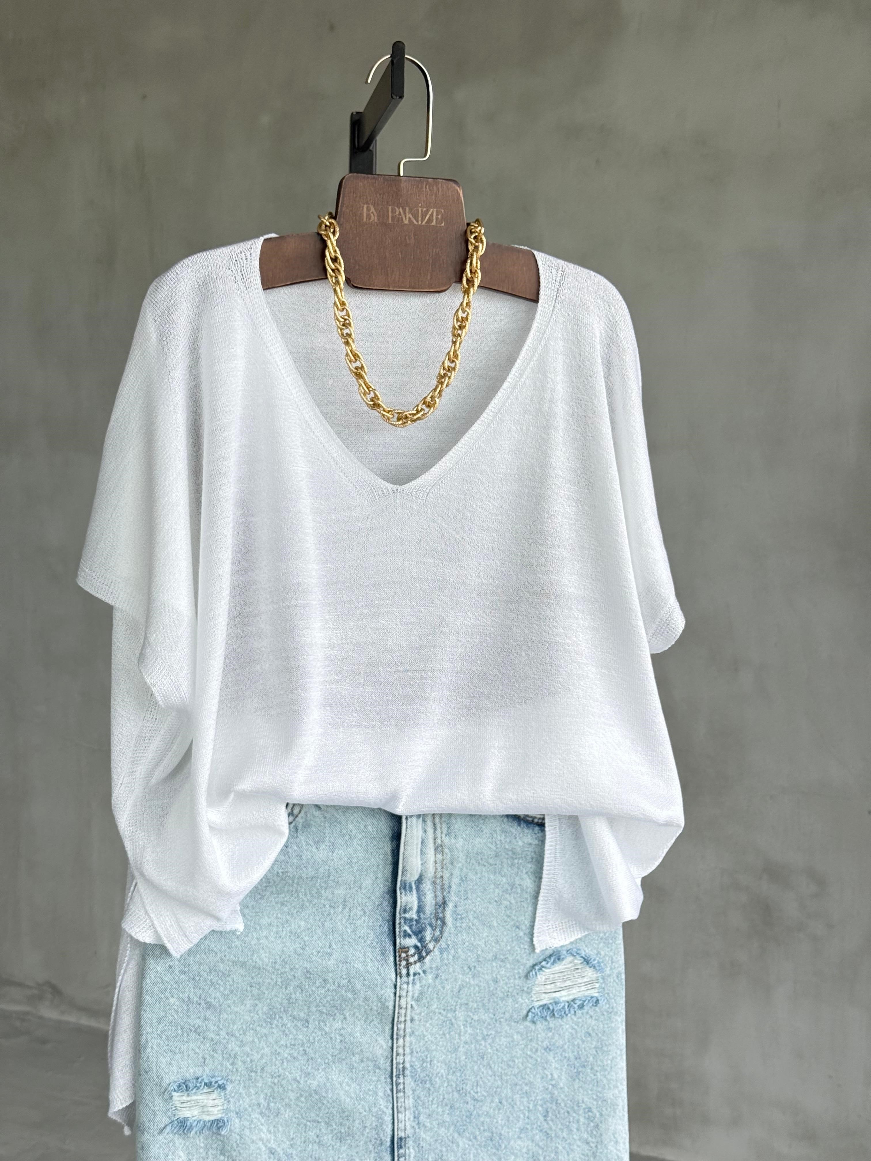 Basic Oversize Merserize Yan Yırtmaç Triko (Beyaz)