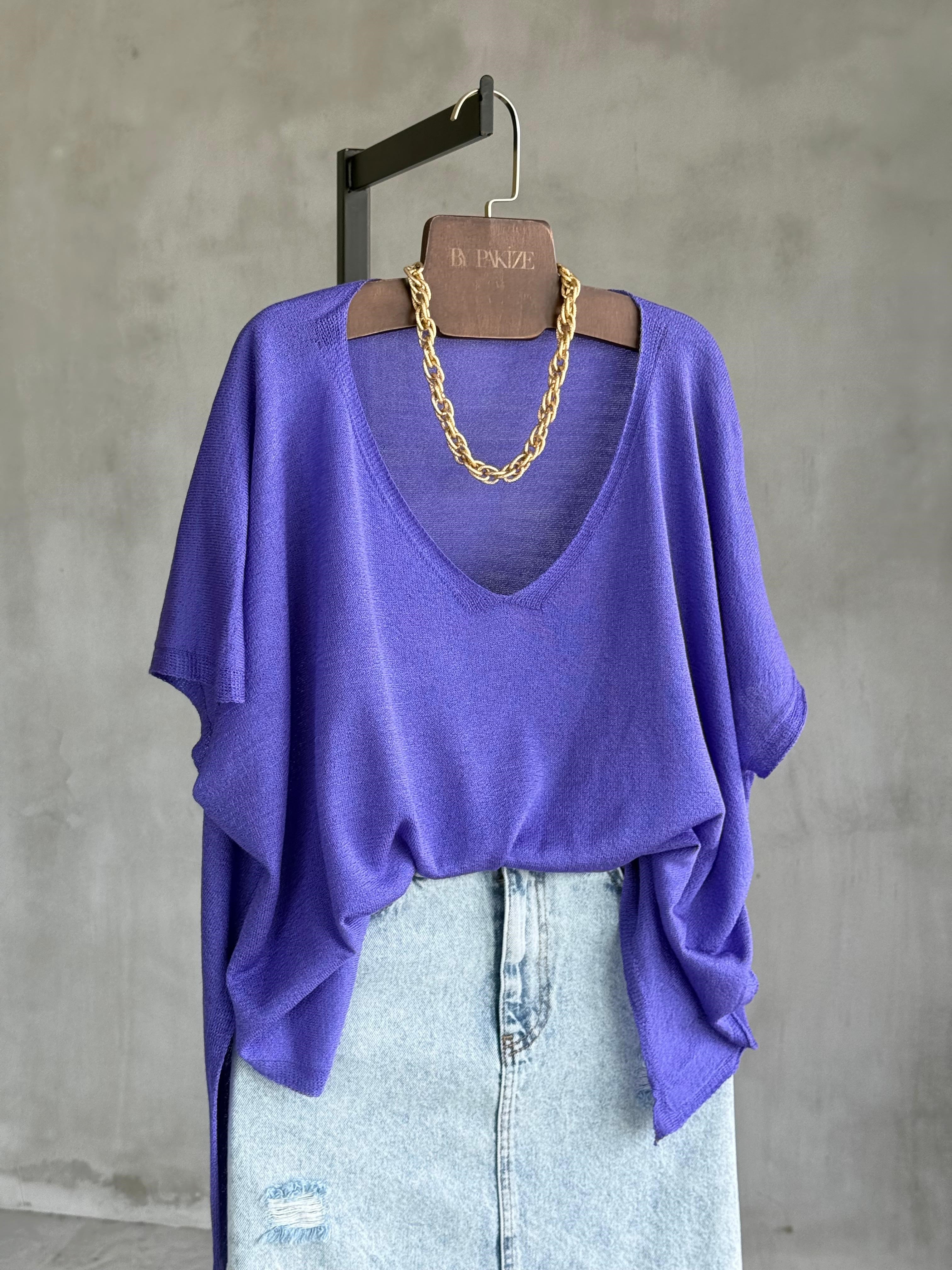 Basic Oversize Merserize Yan Yırtmaç Triko (Mor)