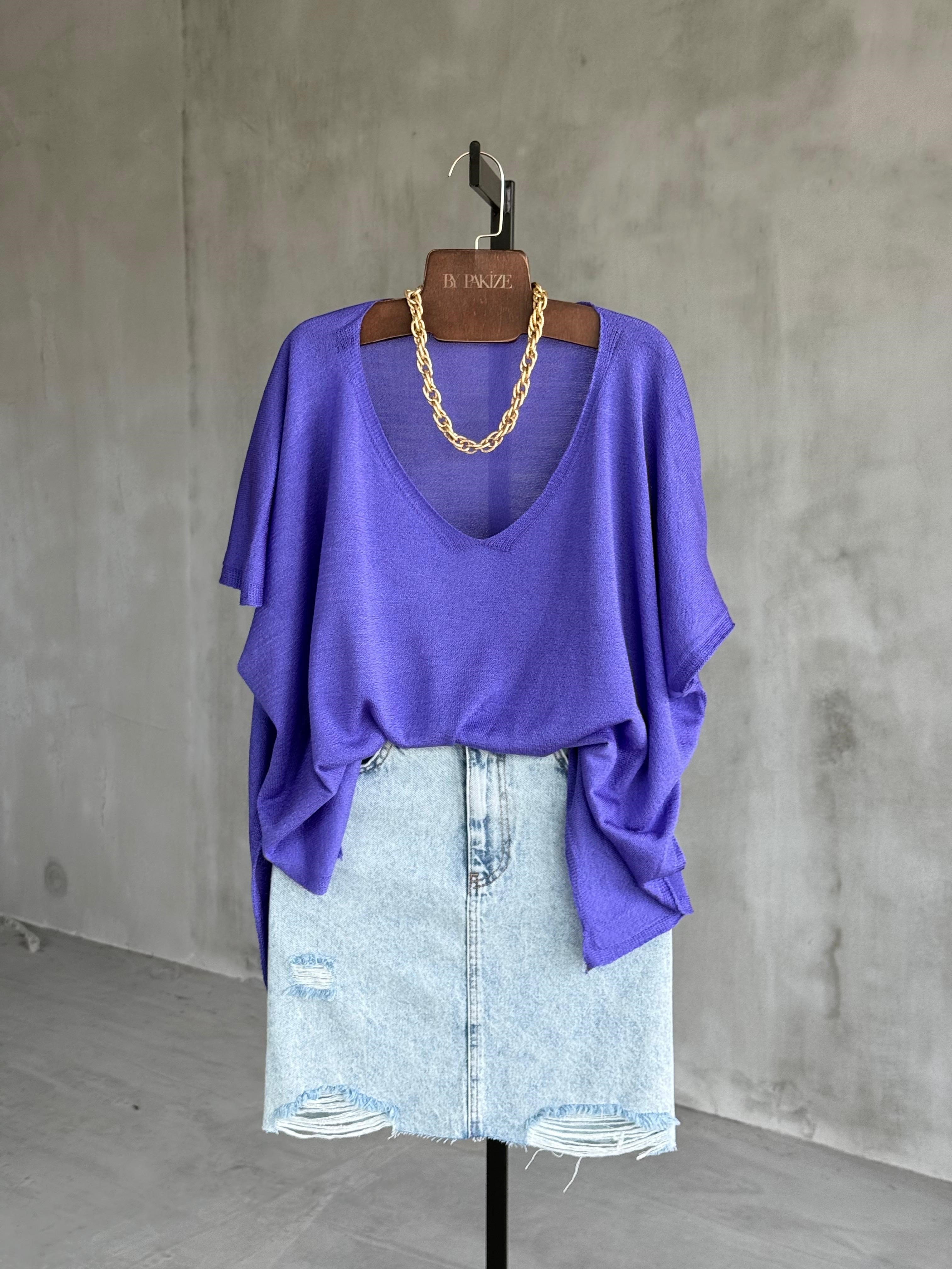 Basic Oversize Merserize Yan Yırtmaç Triko (Mor)