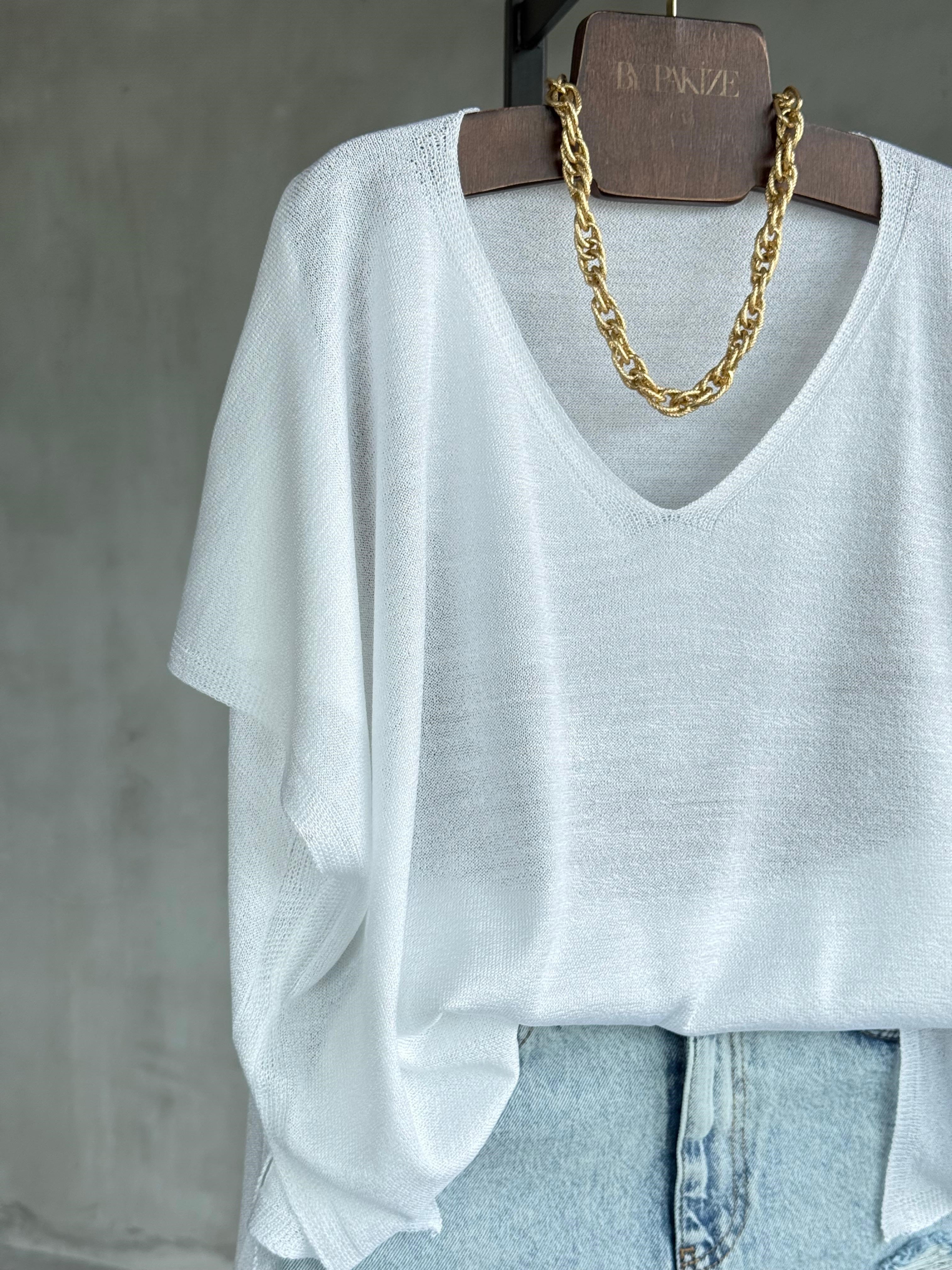 Basic Oversize Merserize Yan Yırtmaç Triko (Beyaz)