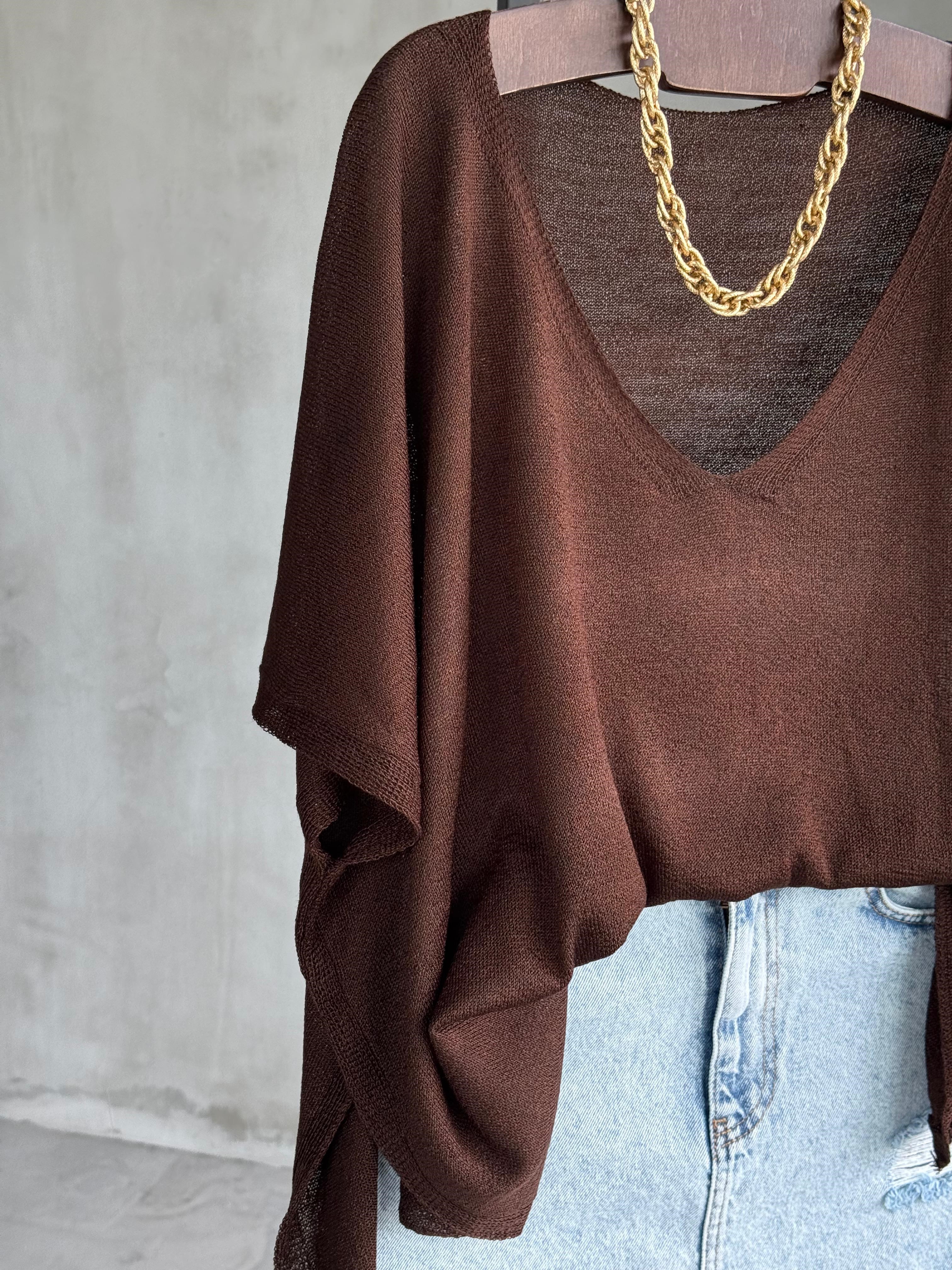 Basic Oversize Merserize Yan Yırtmaç Triko (Kahve)