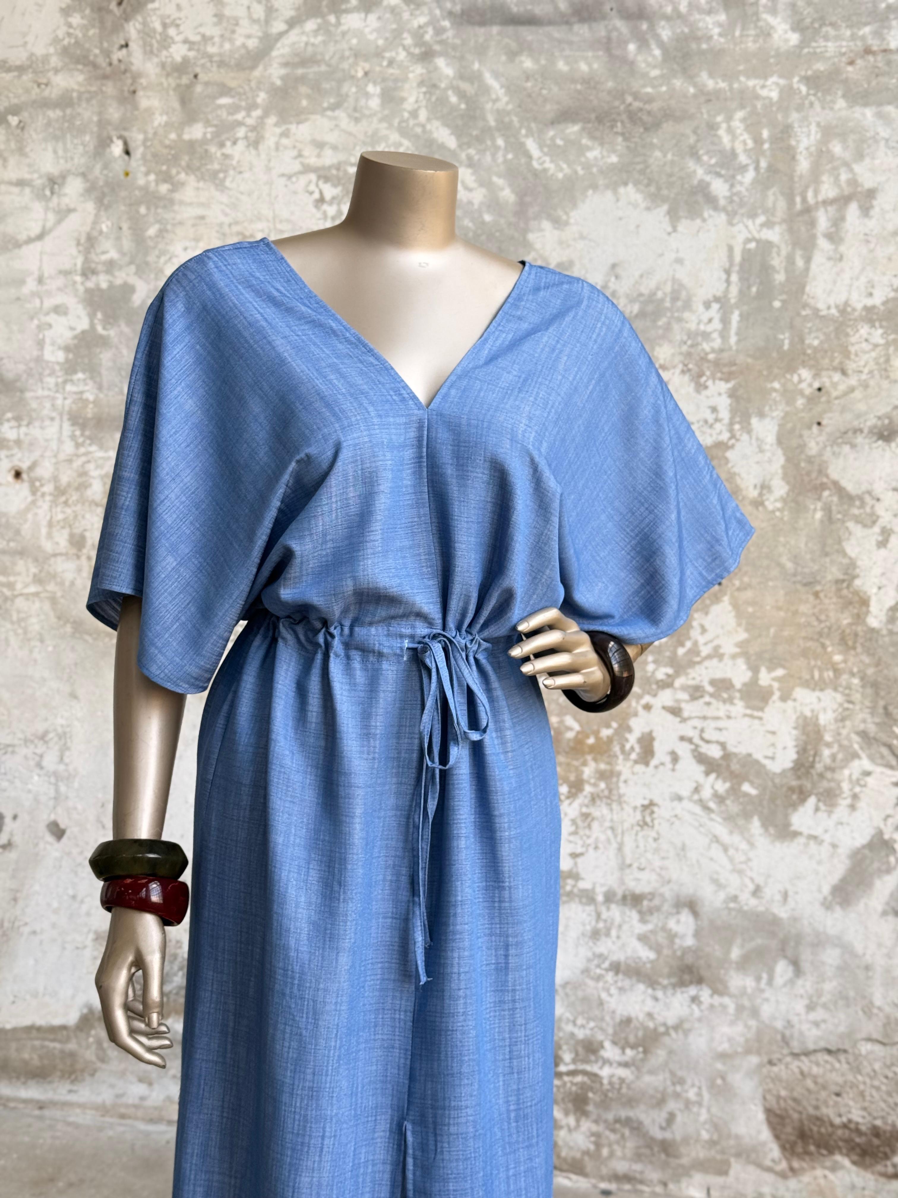 Bel Ayarlanabilir Büzgü Detaylı Elbise (Mavi)